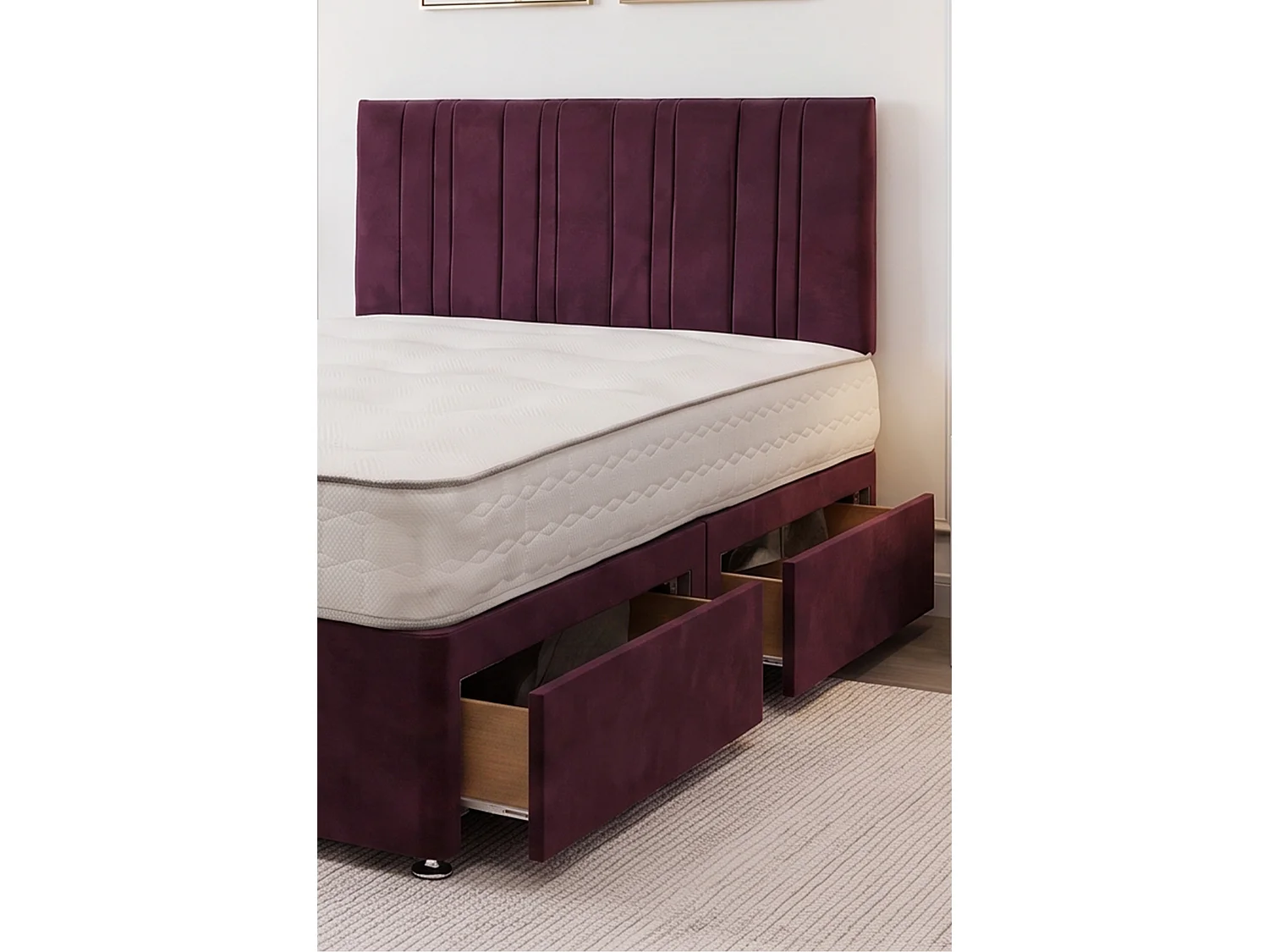 SKY Aubergine Plush Bed Set With Mattress, 2 Drawers Same Side & 24"Headboard, 3FT - Single