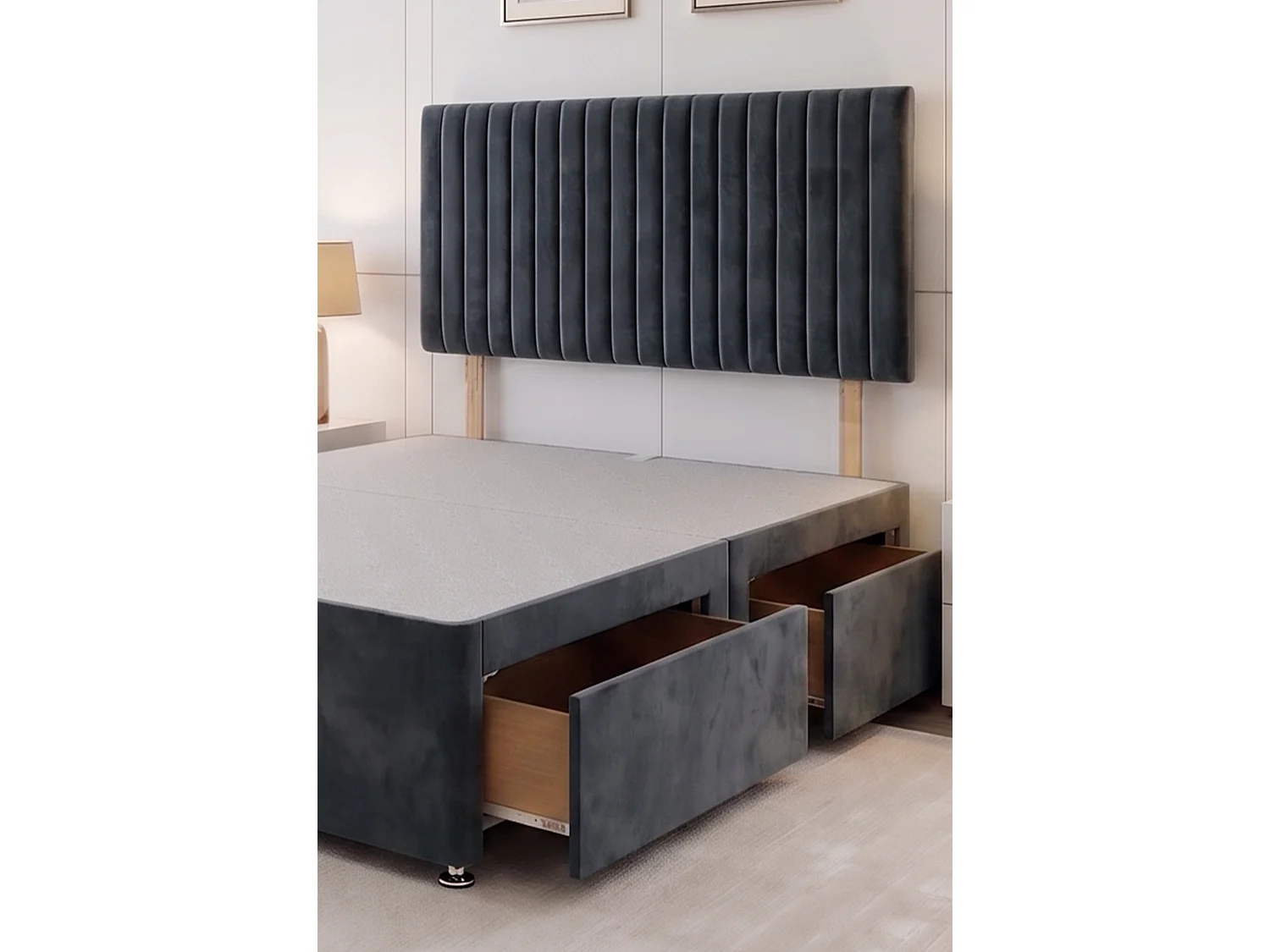 Emily Charcoal Plush 2FT6 Divan Bed Base with 2 Drawers & Headboard - Small Single