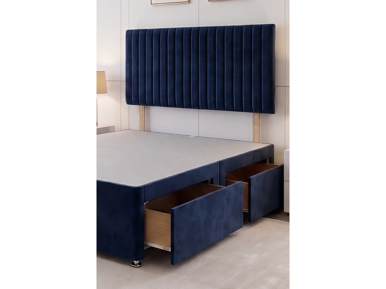Emily Navy Plush 4FT Divan Bed Base with 4 Drawers & Headboard - Small Double