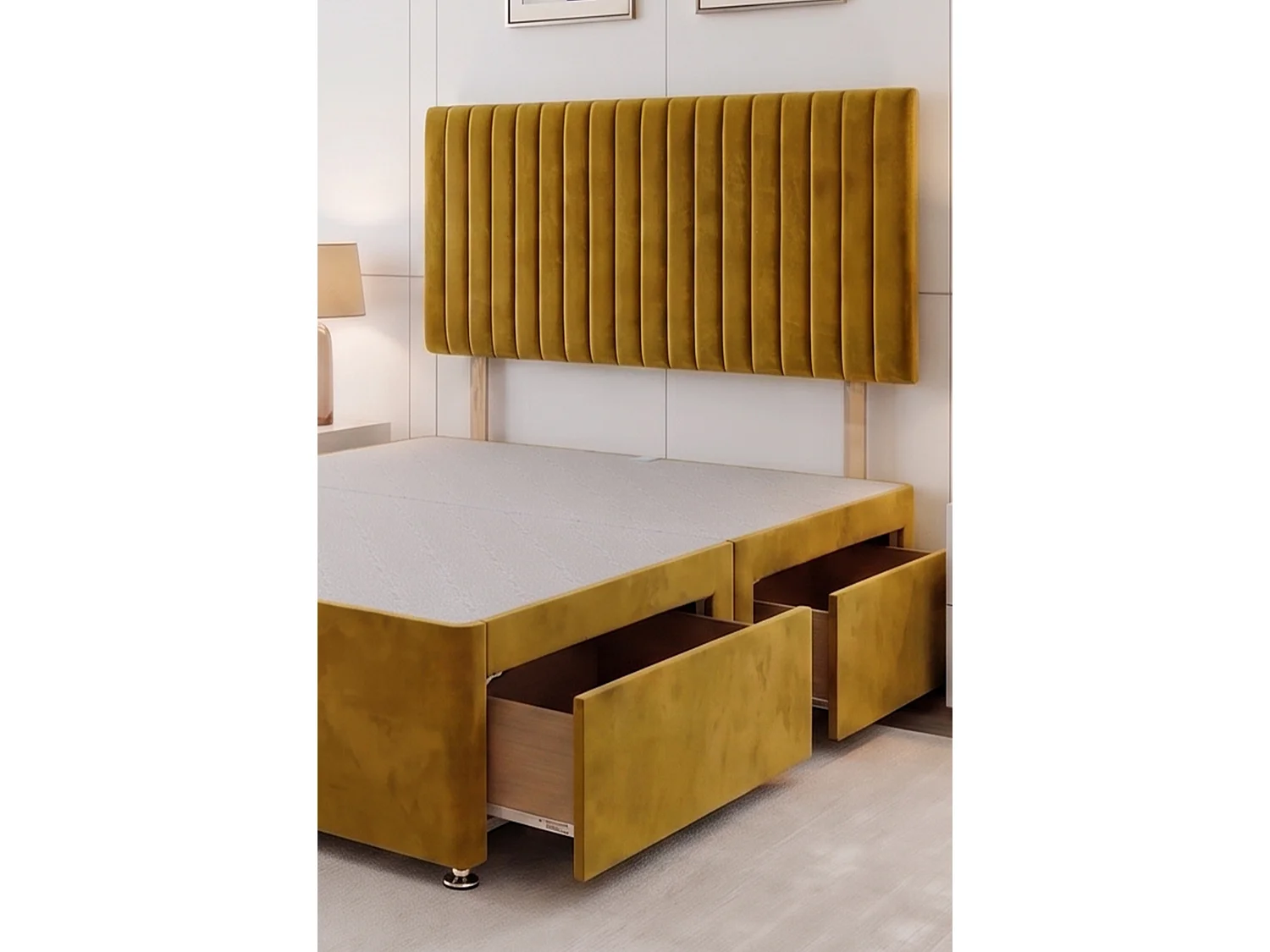 Emily Mustard Plush 6FT Divan Bed Base with 4 Drawers & Headboard - Super King