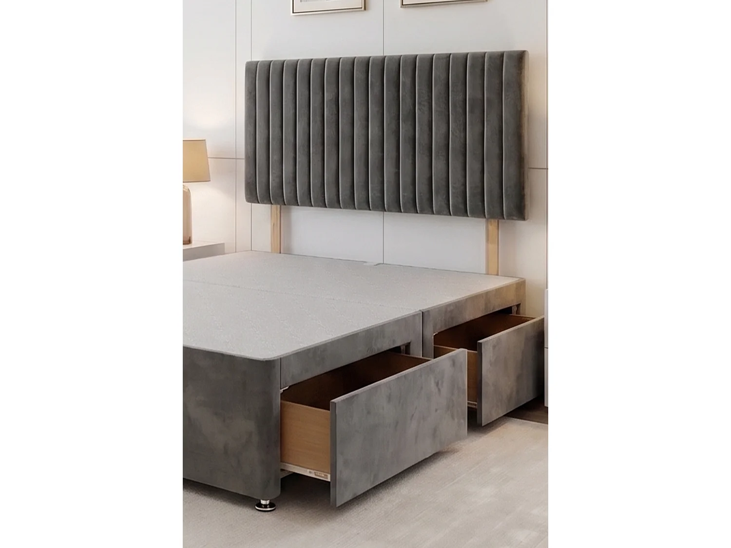 Emily Charcoal Plush 6FT Divan Bed Base with 4 Drawers & Headboard - Super King