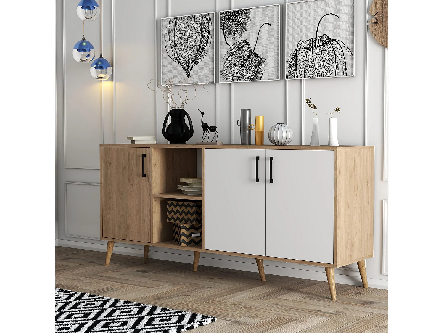 "Exxen" Trä Sideboard - Vit - 180 x 45 x 80 cm - 7 Hyllor, 3 Dörrar