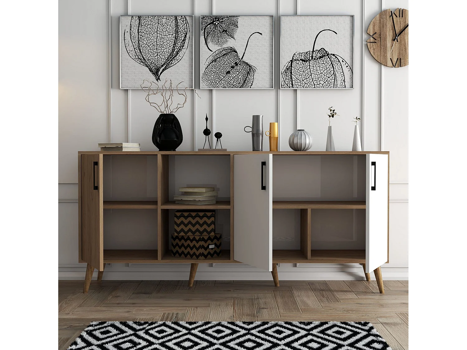 "Exxen" Trä Sideboard - Vit - 180 x 45 x 80 cm - 7 Hyllor, 3 Dörrar