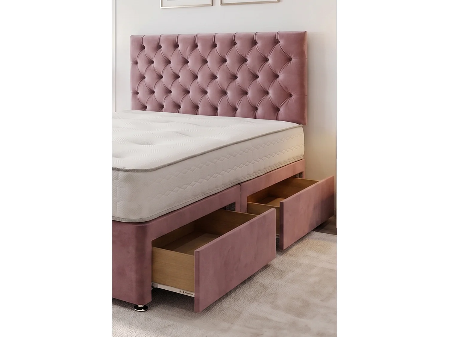 Athens Pink Plush 5FT Bed Set With Mattress, 2 Drawers Same Side & 24"Headboard - King Size