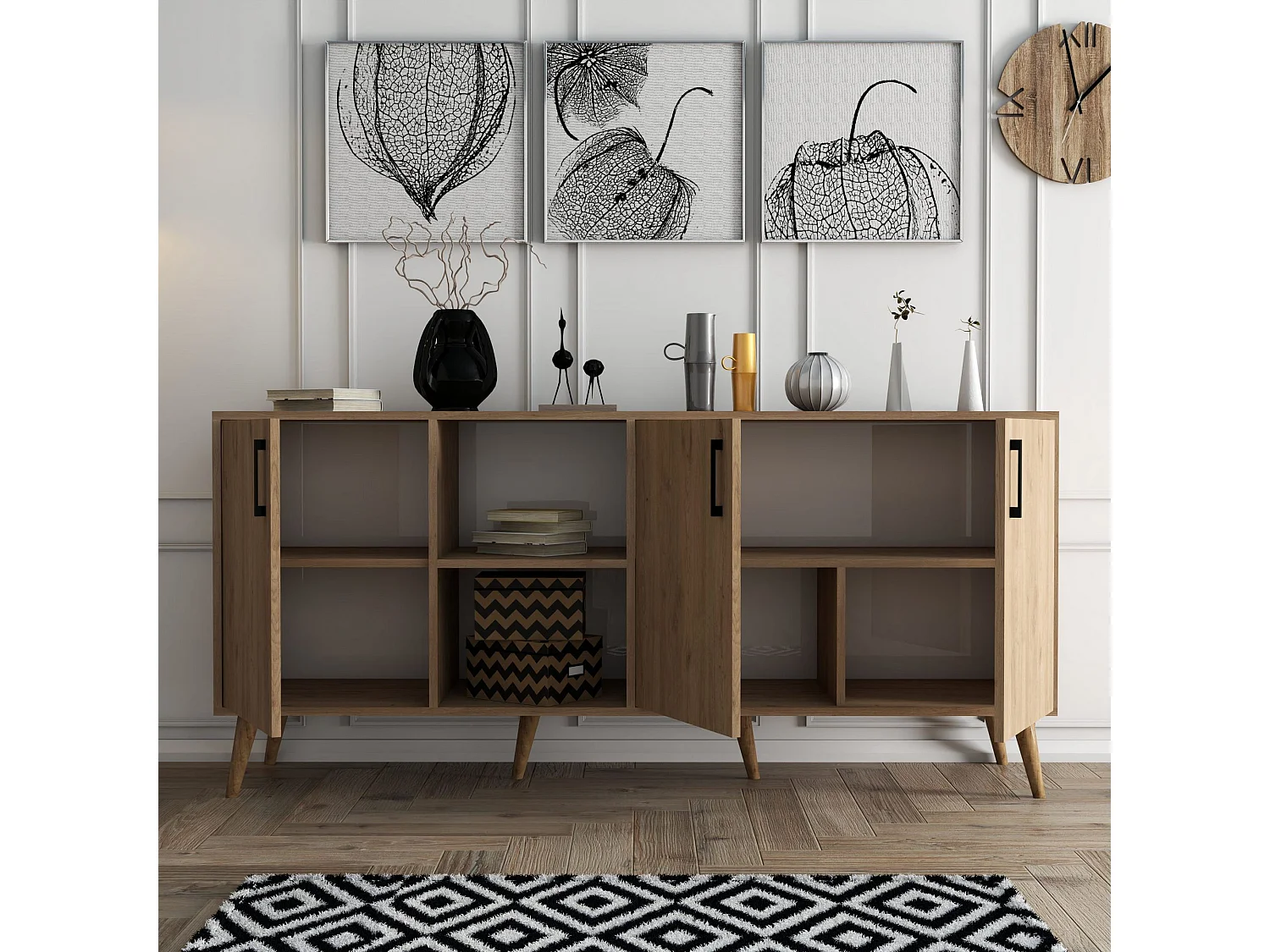 "Exxen" Trä Sideboard - 180 x 45 x 80 cm - Brun, 7 Hyllor, 3 Dörrar