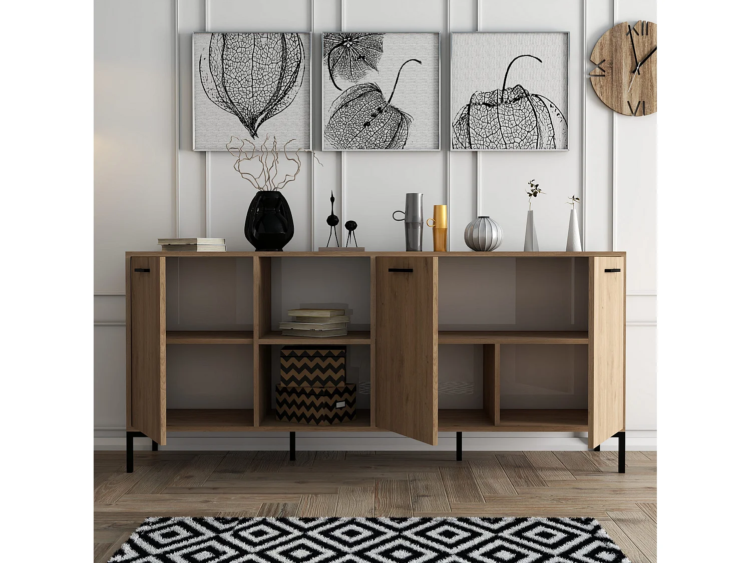 "Aurora" Träcredenza - 180 x 45 x 80 cm - Brun - 7 hyllor, 3 dörrar