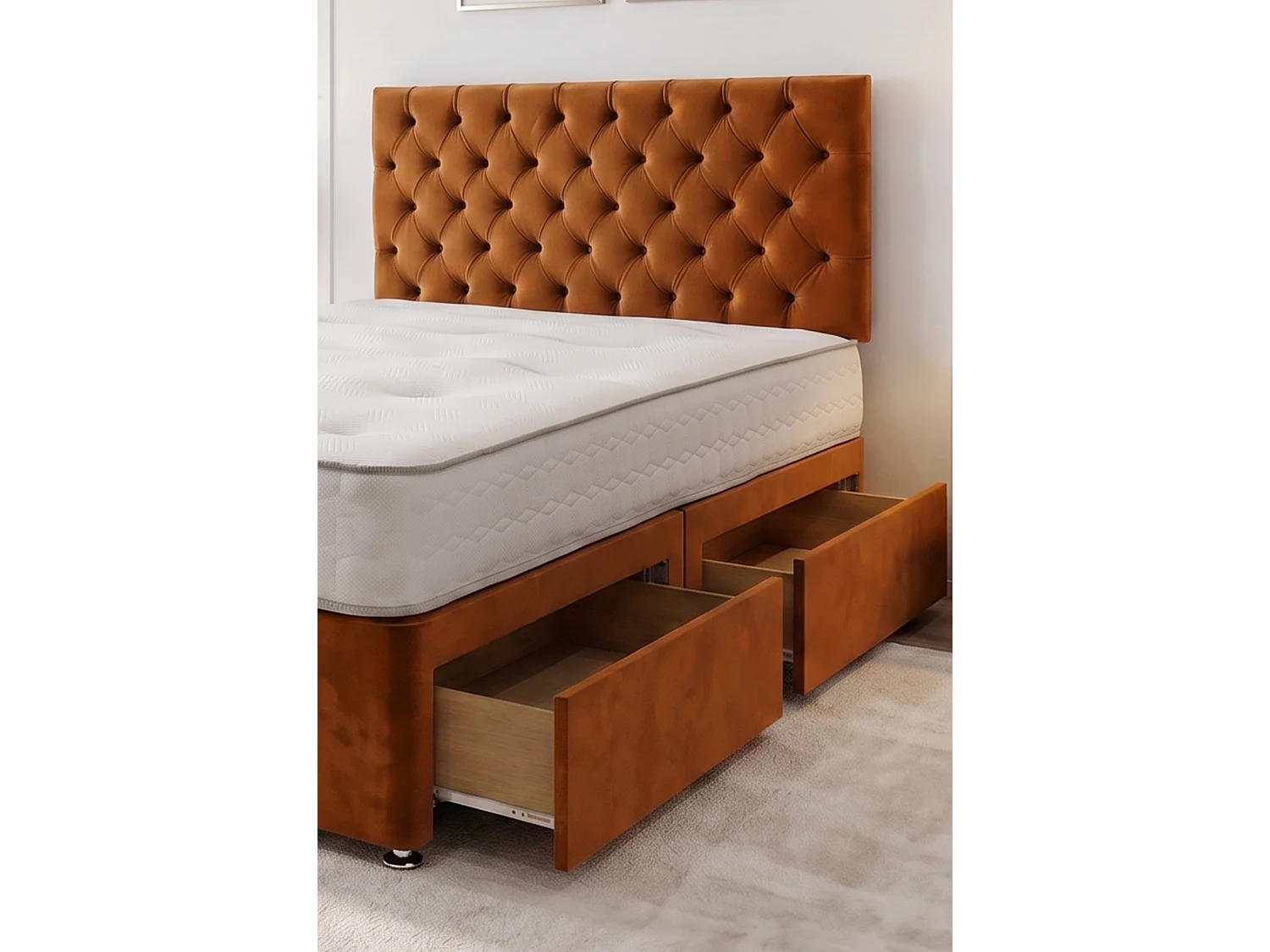 Athens Orange Plush 2FT6 Bed Set With Mattress, 2 Drawers Same Side & 24"Headboard - Small Single