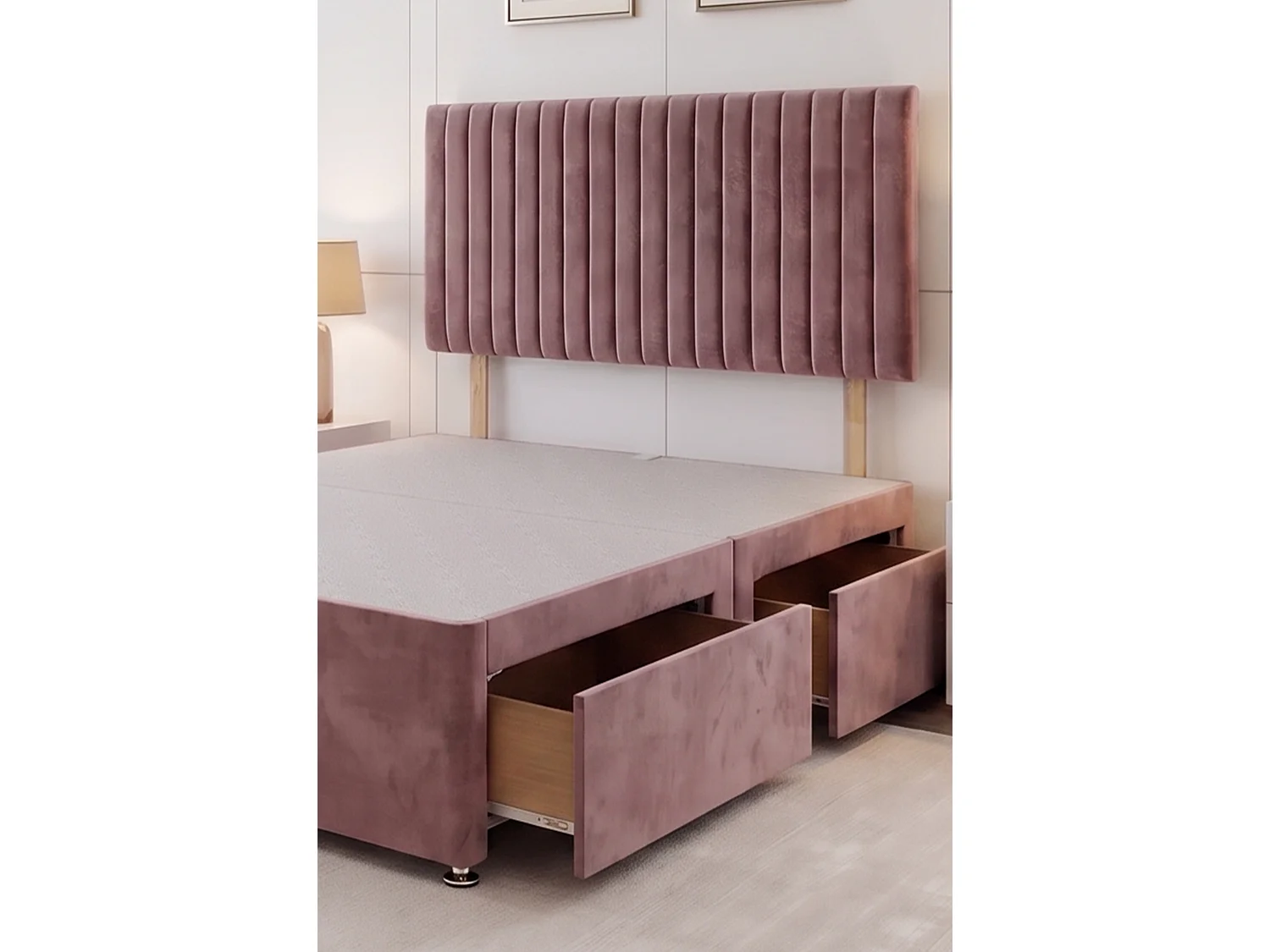 Emily Pink Plush 4FT Divan Bed Base with 2 Drawers & Headboard - Small Double