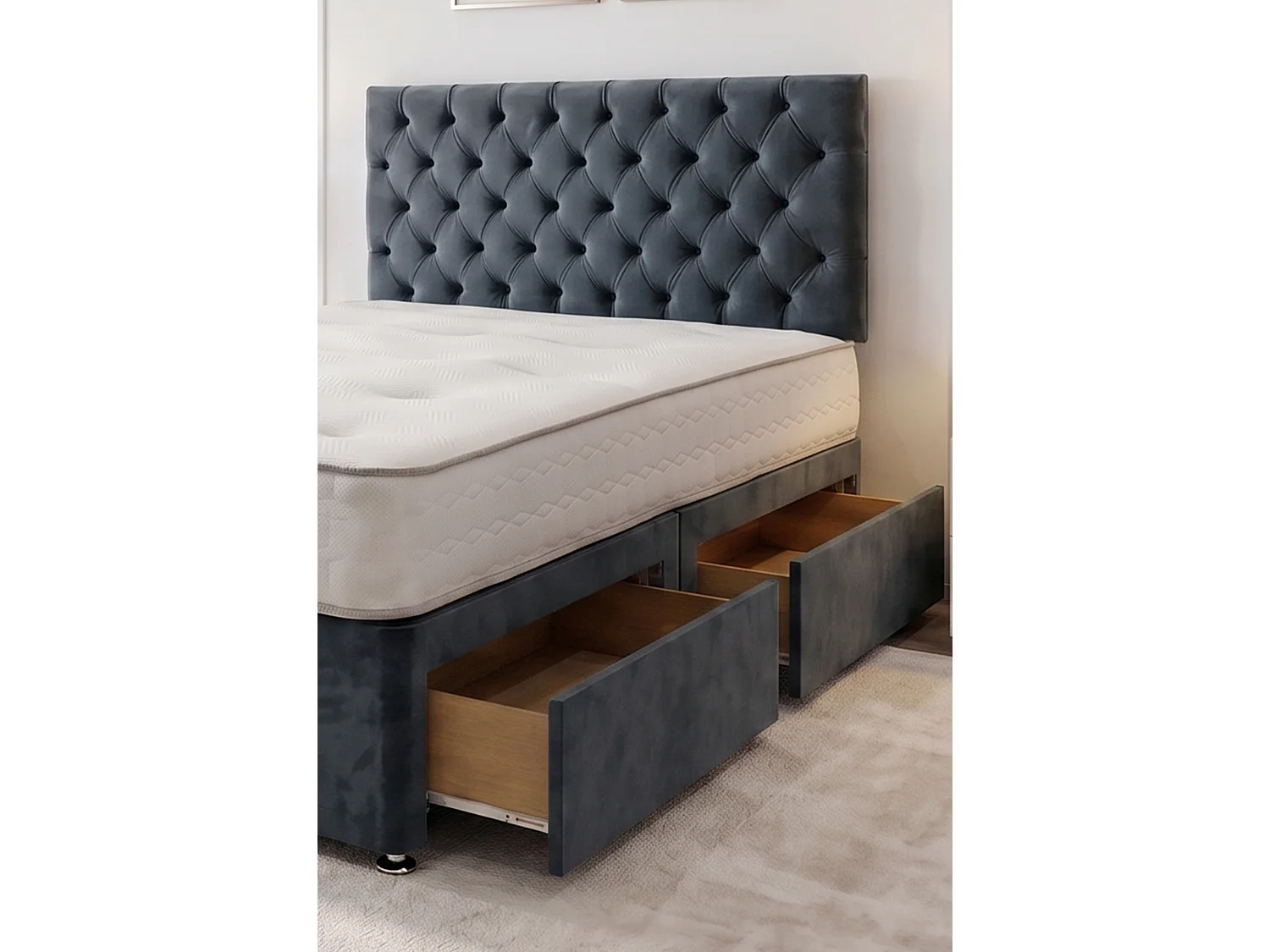Athens Charcoal Plush 3FT Bed Set With Mattress, 2 Drawers Same Side & 24"Headboard - Single