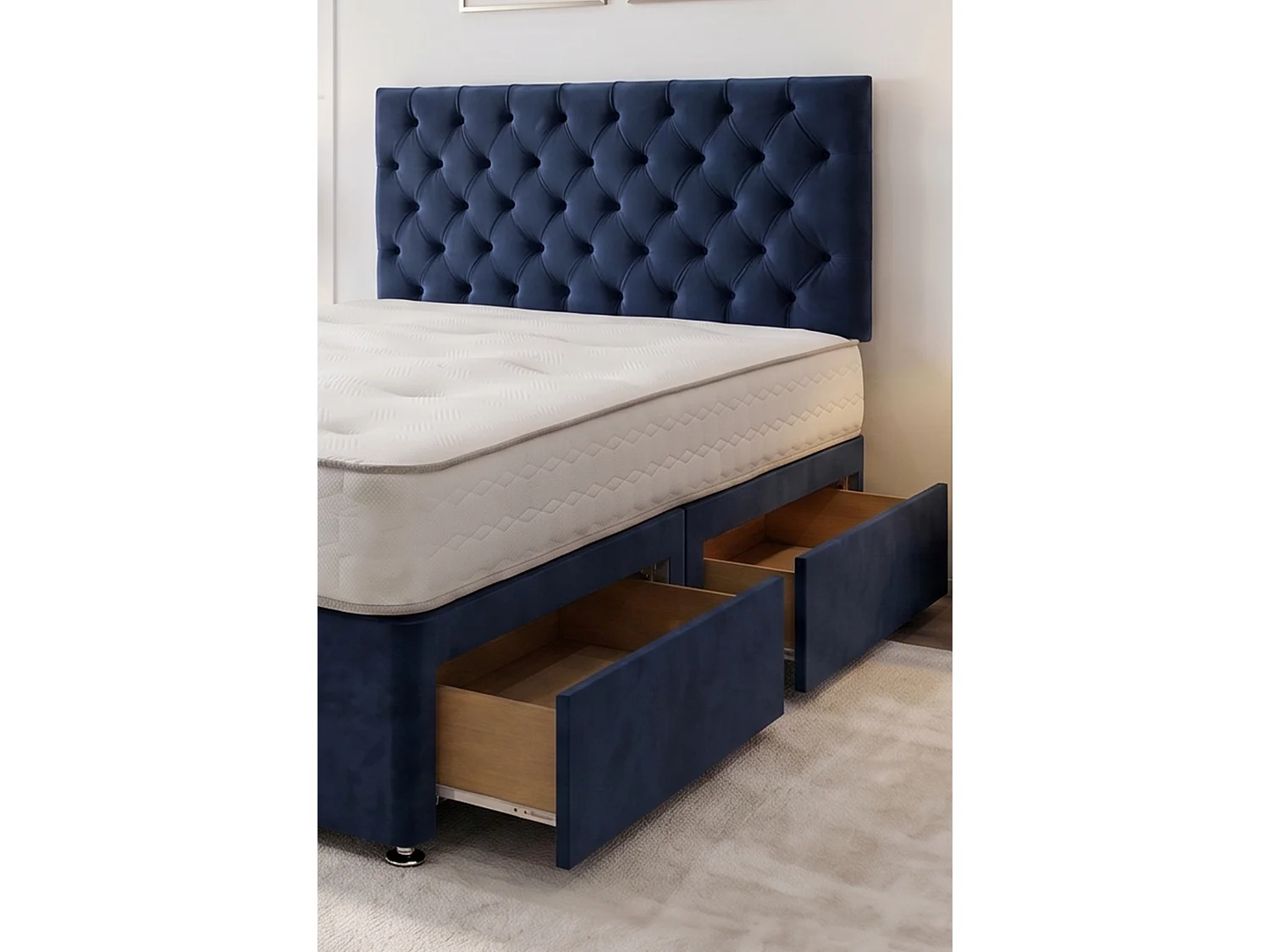 Athens Navy Plush 4FT6 Bed Set With Mattress, 2 Drawers Same Side & 24"Headboard - Double
