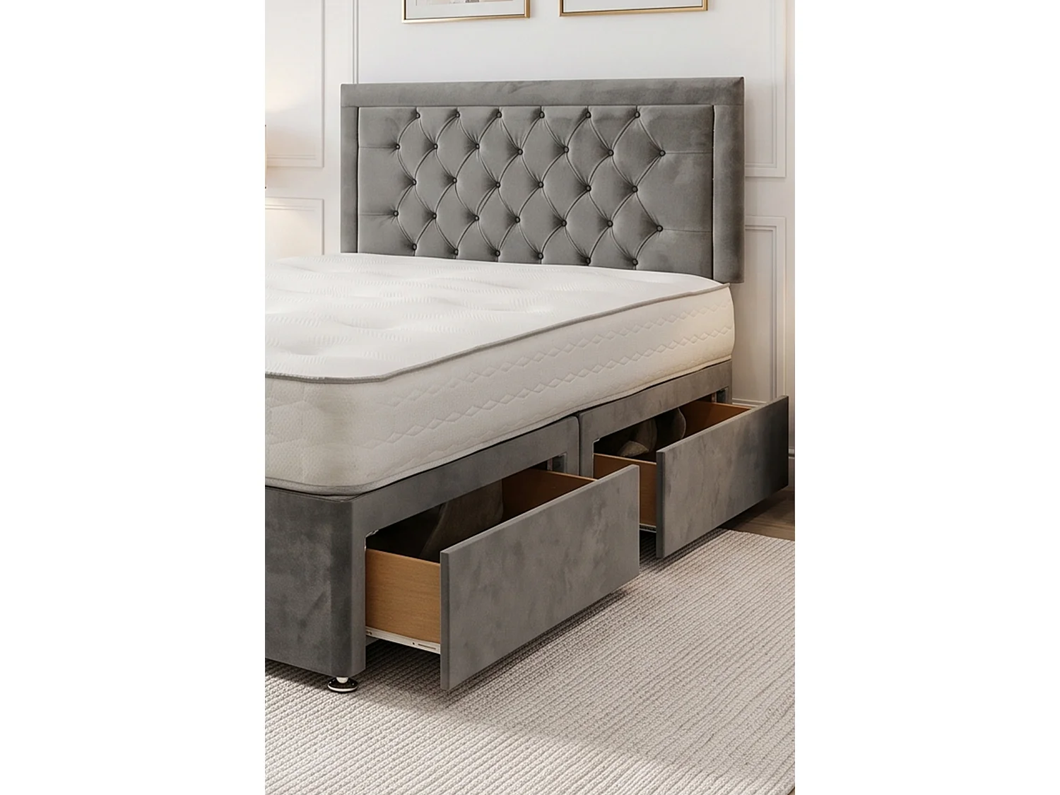 Ellis Grey Plush Bed Set With Mattress, 2 Drawers Same Side & 24"Headboard 4FT6 - Double