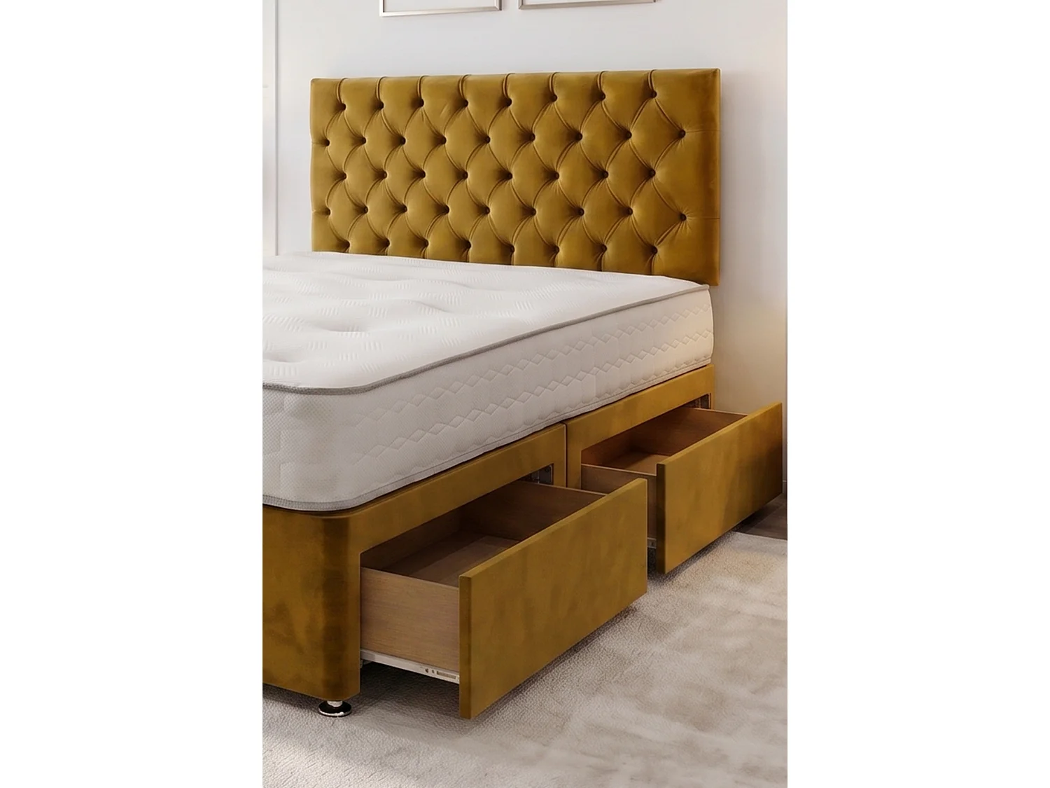 Athens Mustard Plush 3FT Bed Set With Mattress, 2 Drawers Same Side & 24"Headboard - Single