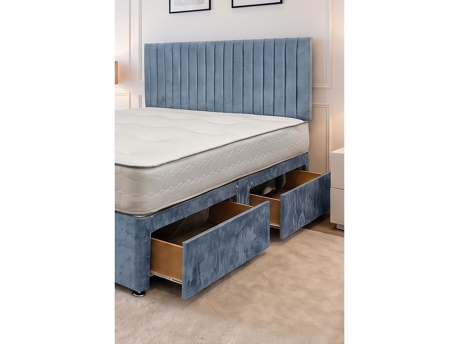 Emily Sky Plush 3FT Bed Set With Mattress, 2 Drawers Same Side & 24"Headboard - Single