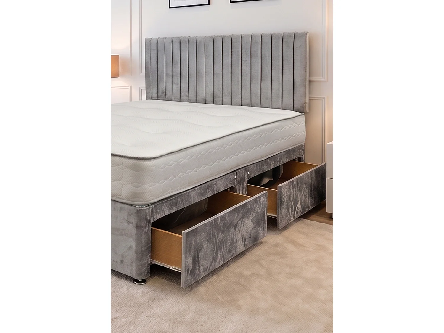 Emily Silver Plush 6FT Bed Set With Mattress, 2 Drawers Same Side & 24"Headboard - Super King