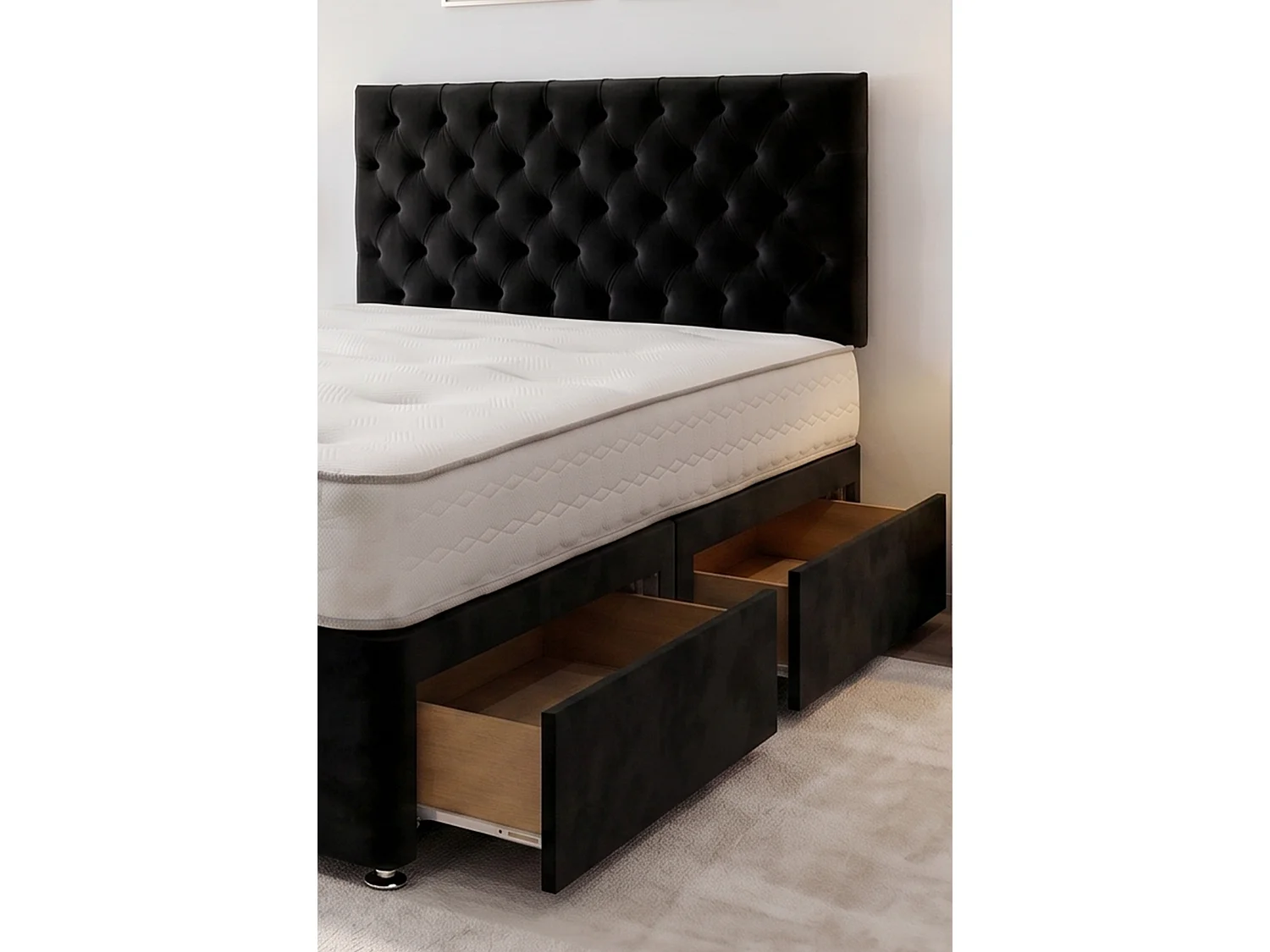 Athens Black Plush 5FT Bed Set With Mattress, 2 Drawers Same Side & 24"Headboard - King Size