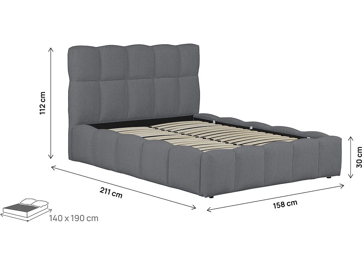 Lit double en tissu avec coffre "Davos" - 140 x 190 cm - Gris
