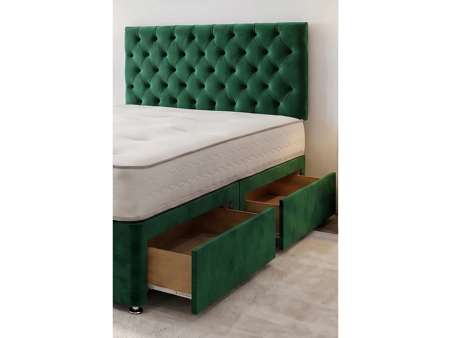 Athens Emarald Plush 5FT Bed Set With Mattress, 2 Drawers Same Side & 24"Headboard - King Size