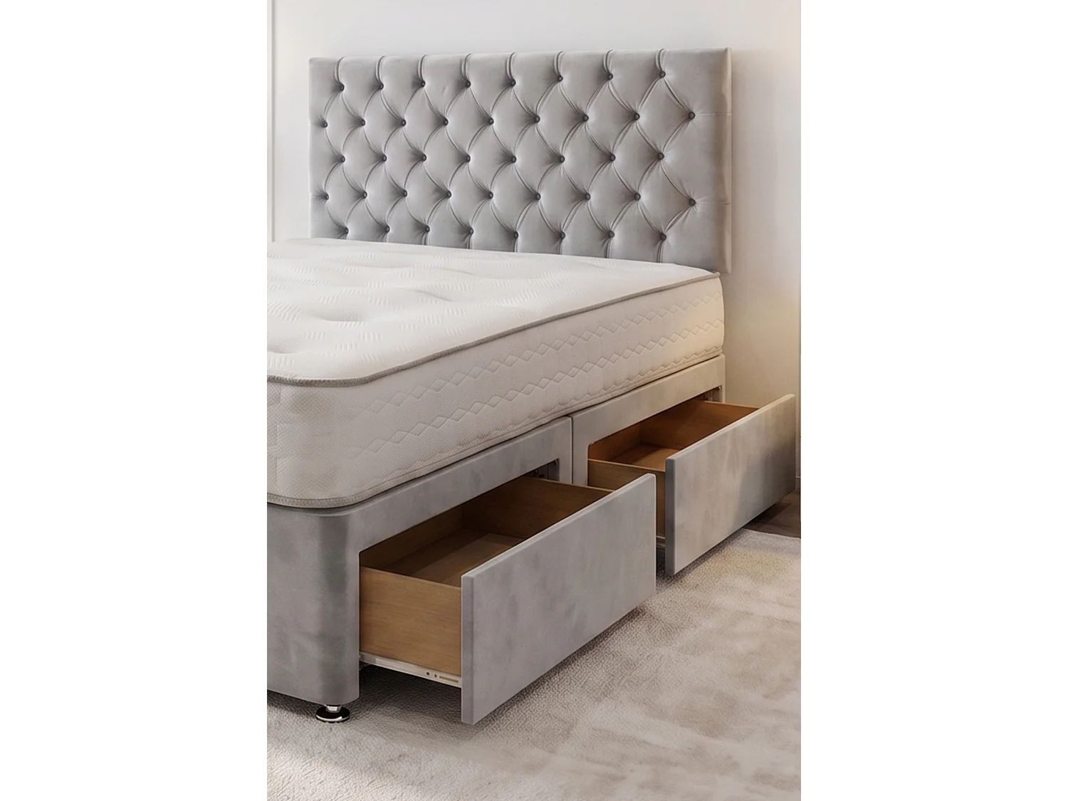 Athens Silver Plush 5FT Bed Set With Mattress, 2 Drawers Same Side & 24"Headboard - King Size