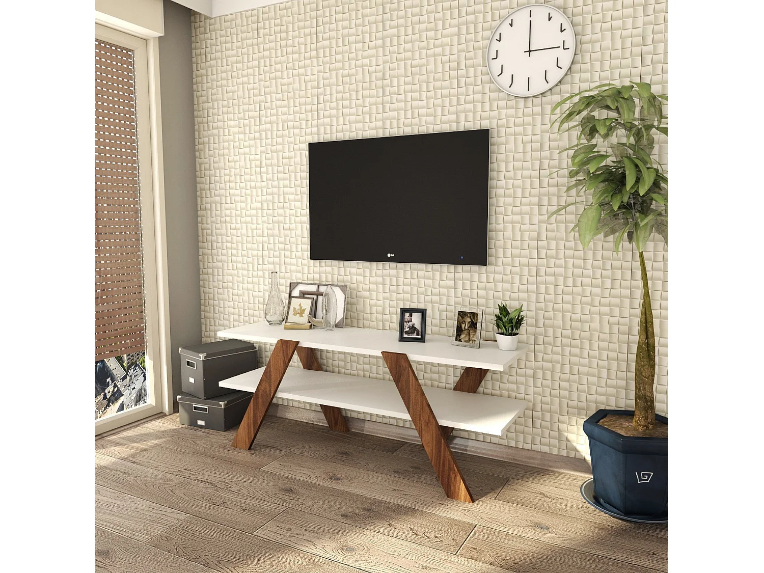 "Basic" TV-bänk i trä - Vit - 120 x 33 x 45 cm - 2 hyllor