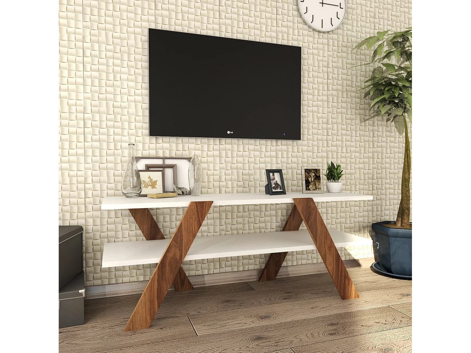 "Basic" TV-bänk i trä - Vit - 120 x 33 x 45 cm - 2 hyllor