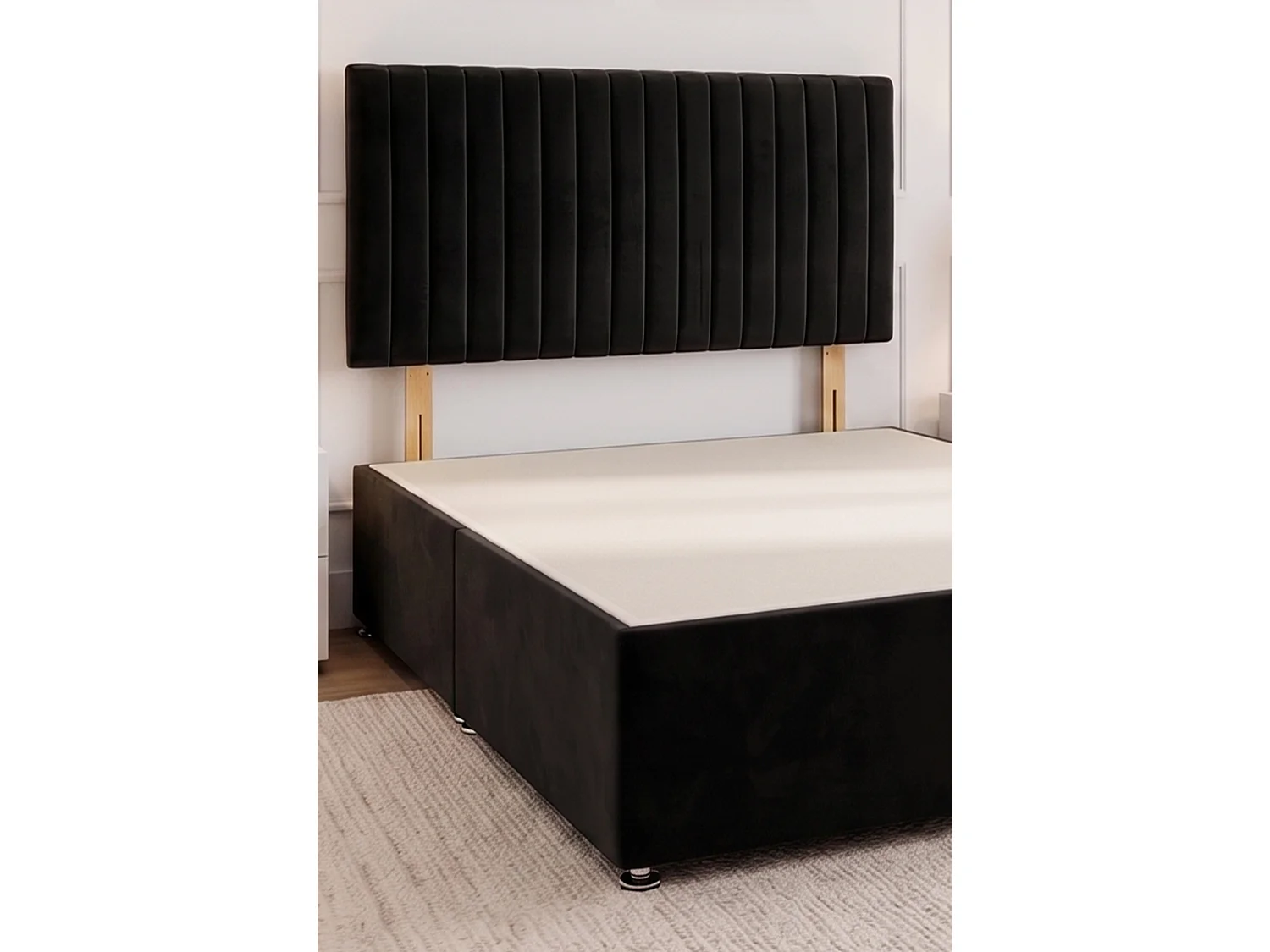 Emily Black Plush 4FT Divan Bed Base with No Drawer & Headboard - Small Double