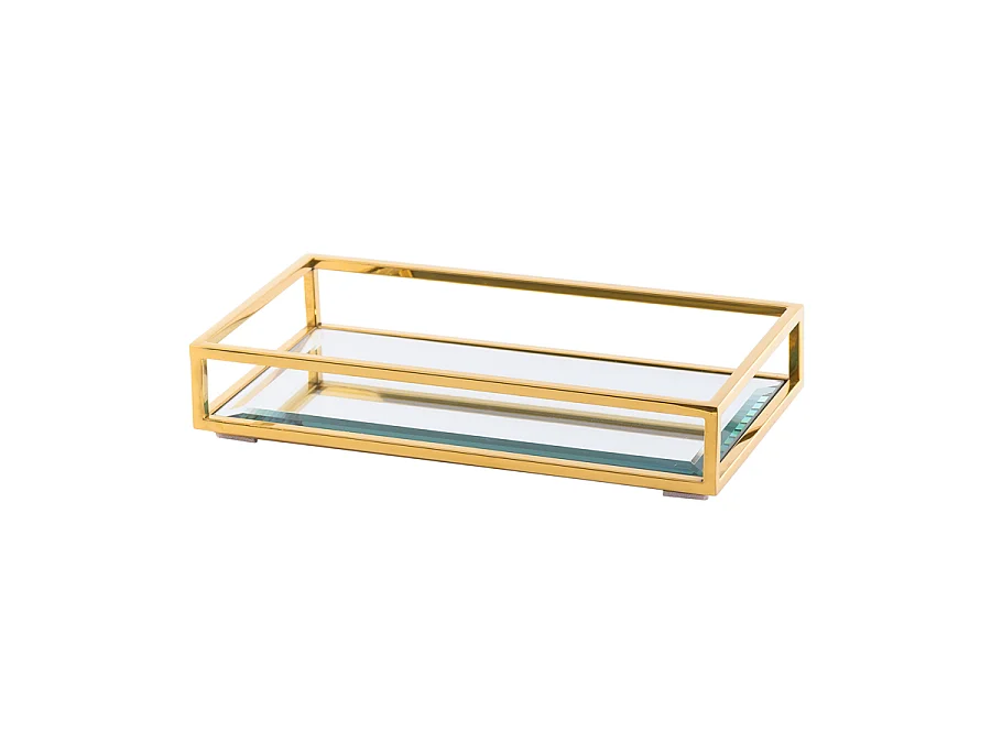 Rippon Brass Rectangle Tray - Art Deco Serving Tray, Polished Brass Finish, Bevelled Mirror Base