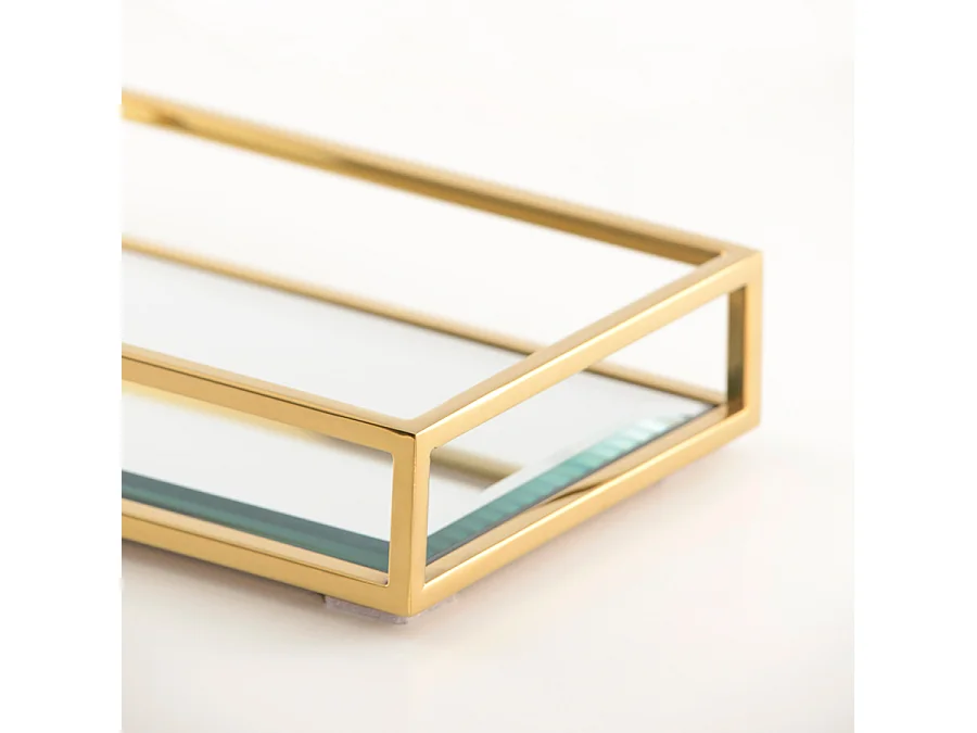 Rippon Brass Rectangle Tray - Art Deco Serving Tray, Polished Brass Finish, Bevelled Mirror Base
