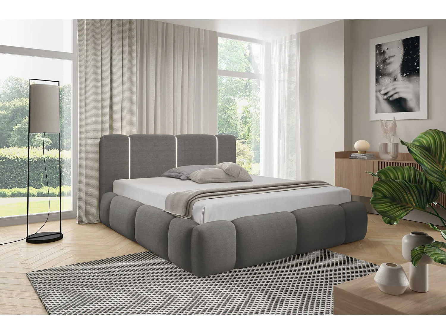 Lit nuage rembourré 200x200 cm Avelin avec LED, sommier métallique et coffre de rangement, Gris