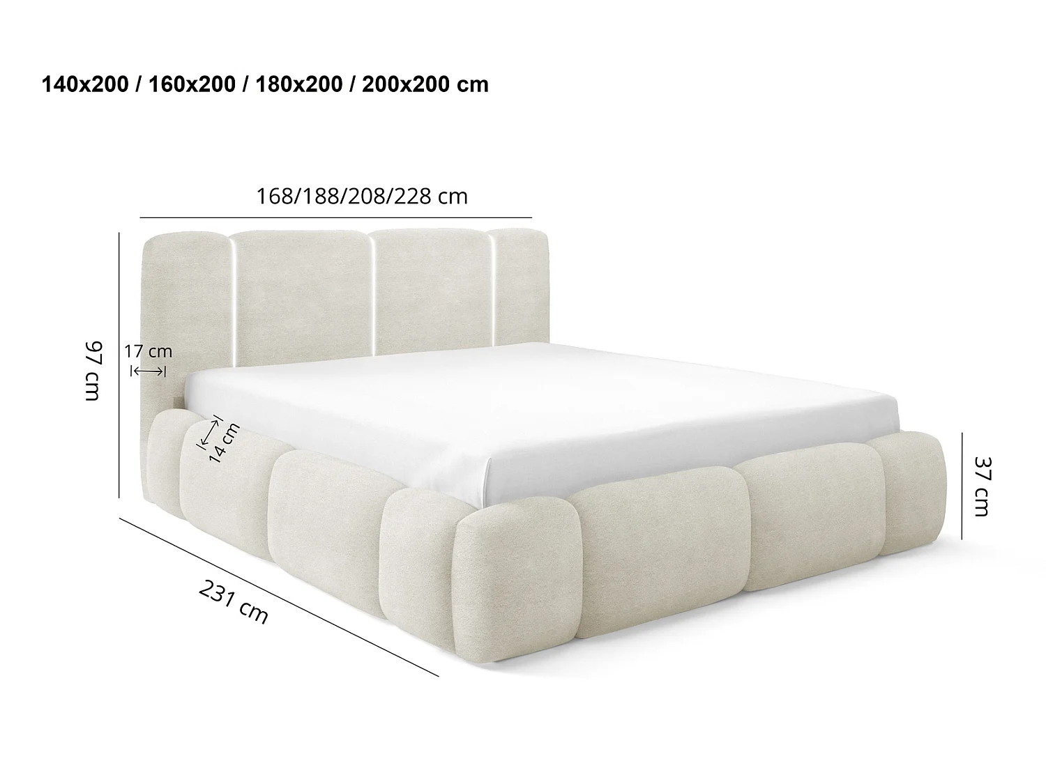 Lit nuage rembourré 200x200 cm Avelin avec LED, sommier métallique et coffre de rangement, Gris