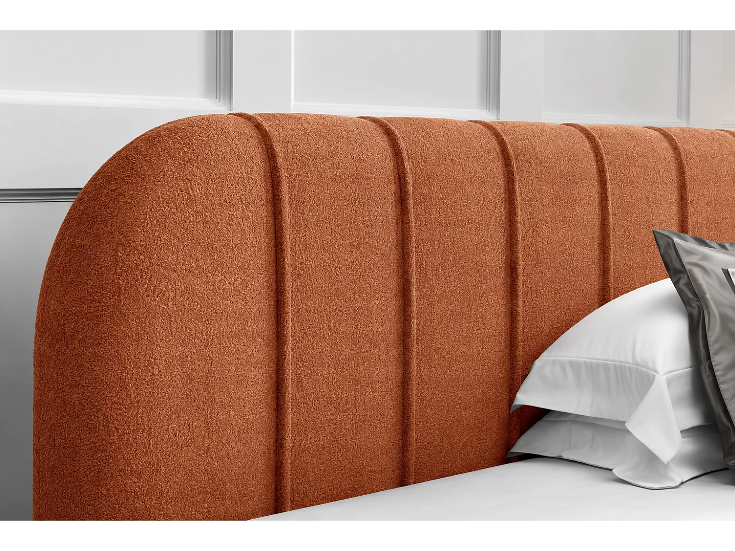 Modern bed 140x200 cm Lunea met afgerond hoofdbord, dik schuim en metalen bedframe, Oranje