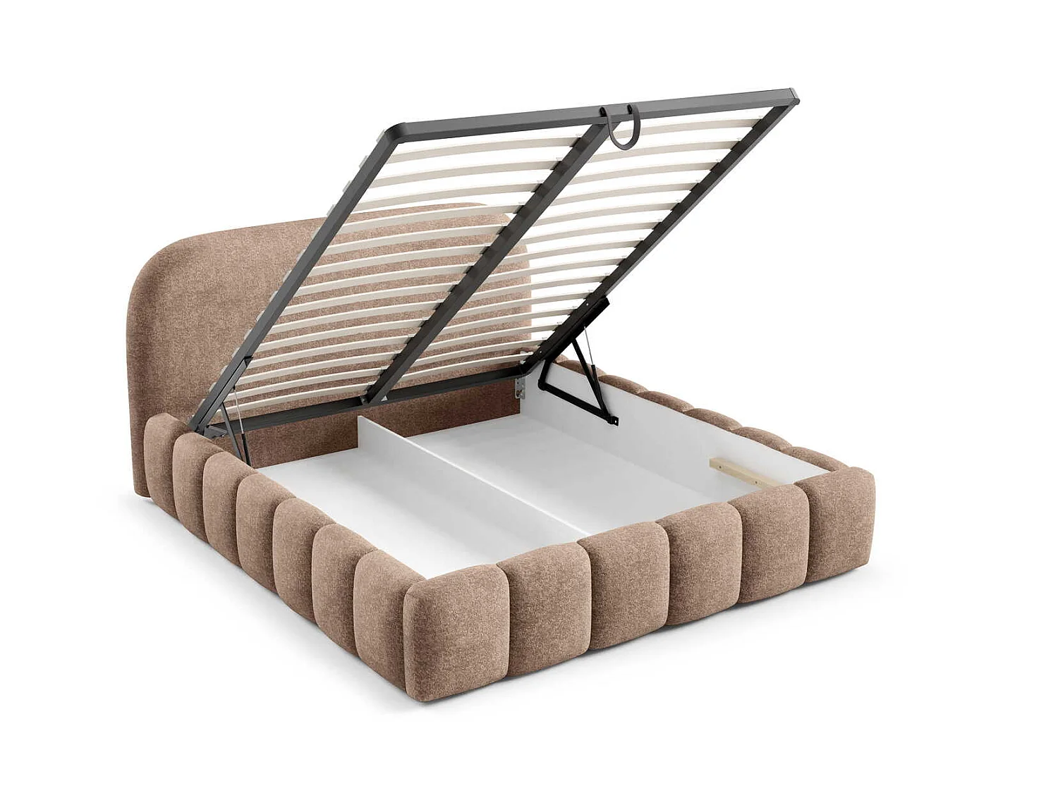 Tweepersoonsbed 140x200 cm Noemi met metalen bedframe, afgerond hoofdbord en opbergruimte, Bruin