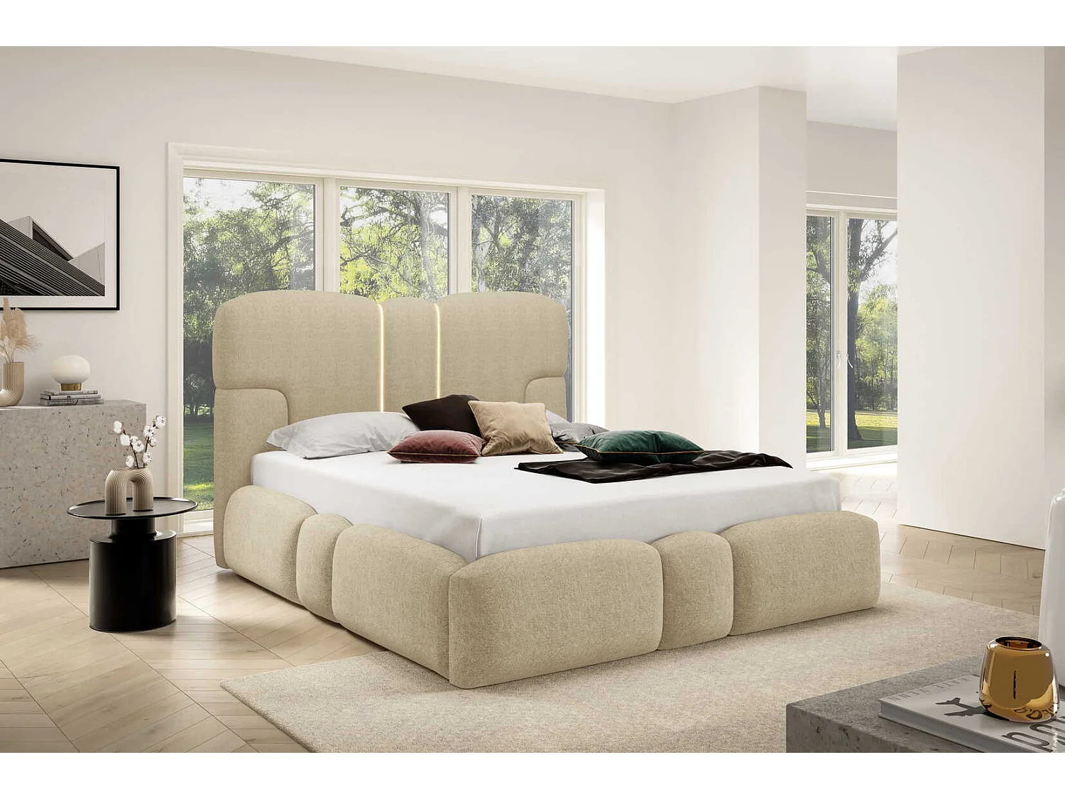 Lit rembourré 200x200 cm Safron avec LED, coffre de rangement et sommier métallique, lit double, tissu chenille, Beige