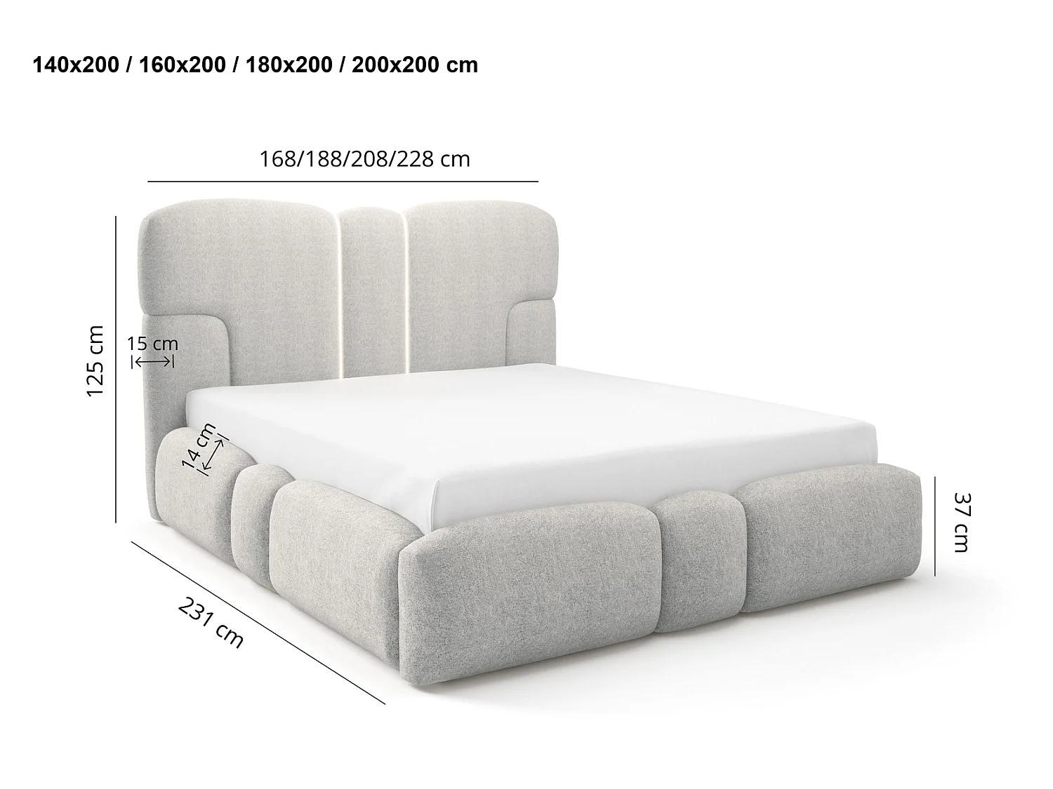 Lit rembourré 200x200 cm Safron avec LED, coffre de rangement et sommier métallique, lit double, tissu chenille, Beige