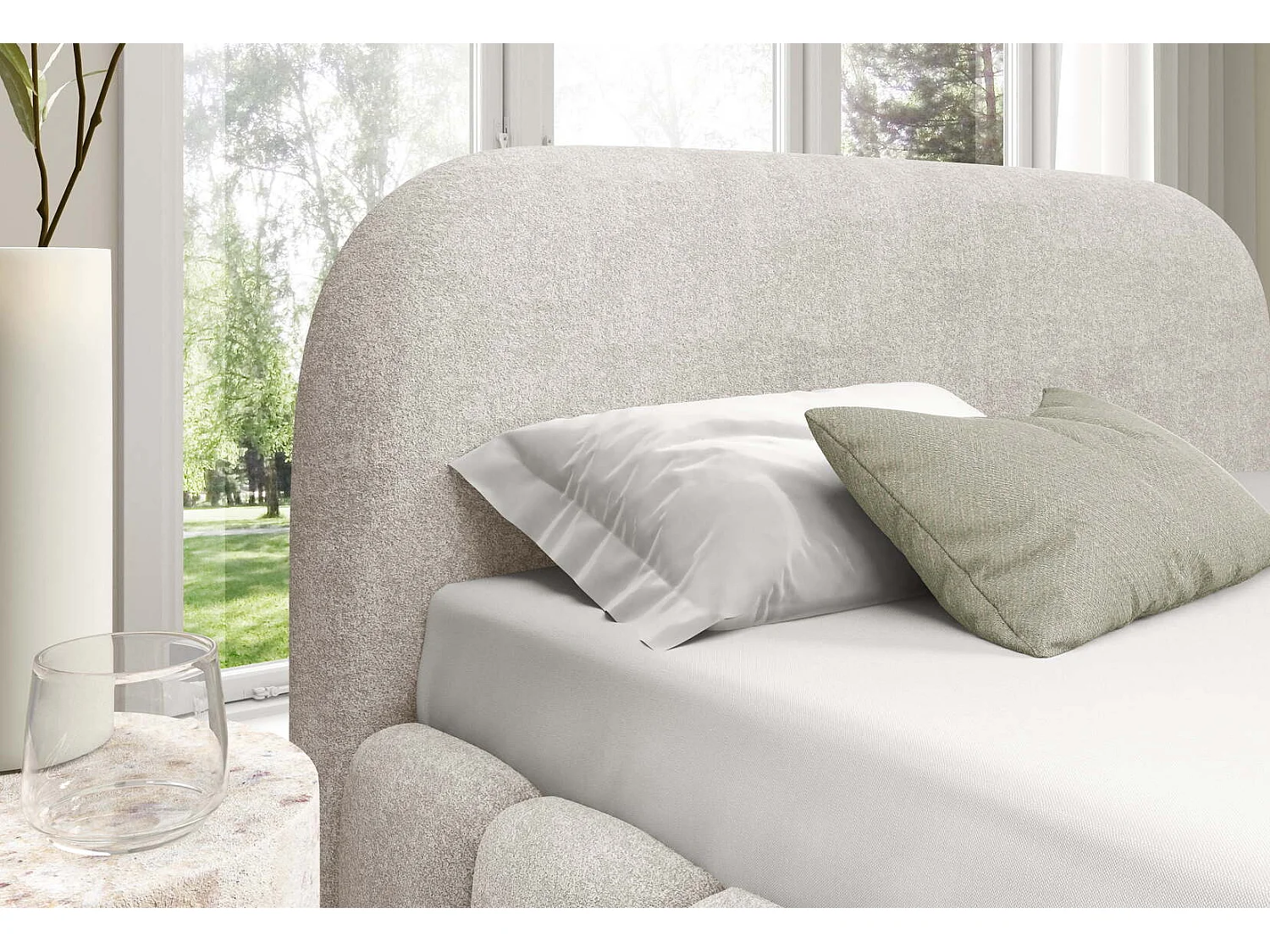 Lit double 200x200 cm Noemi avec sommier métallique, tête de lit arrondie et coffre de rangement, Crème