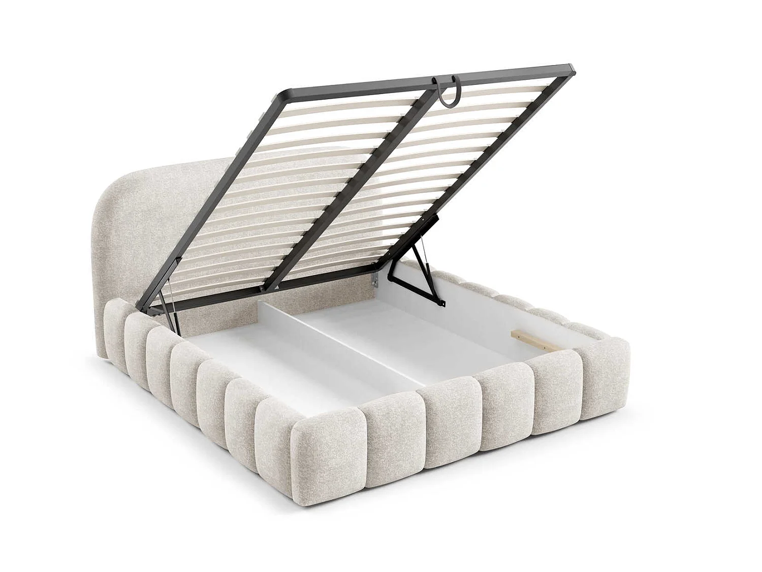 Lit double 200x200 cm Noemi avec sommier métallique, tête de lit arrondie et coffre de rangement, Crème