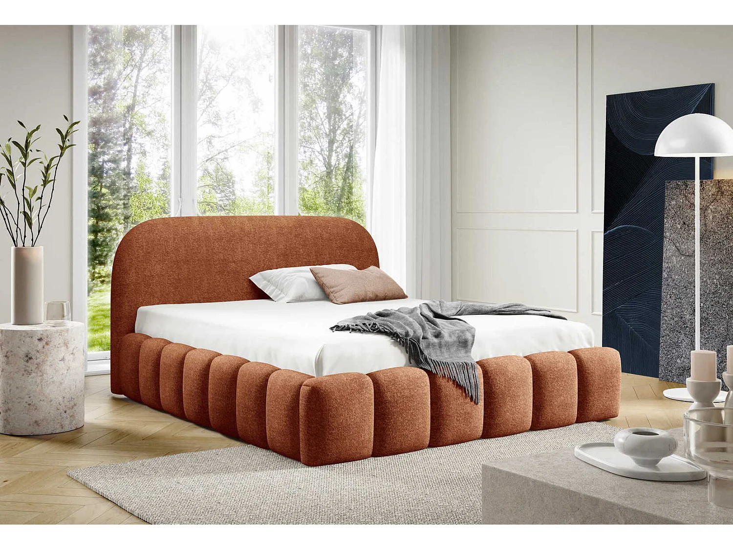 Lit double 200x200 cm Noemi avec sommier métallique, tête de lit arrondie et coffre de rangement, Orange