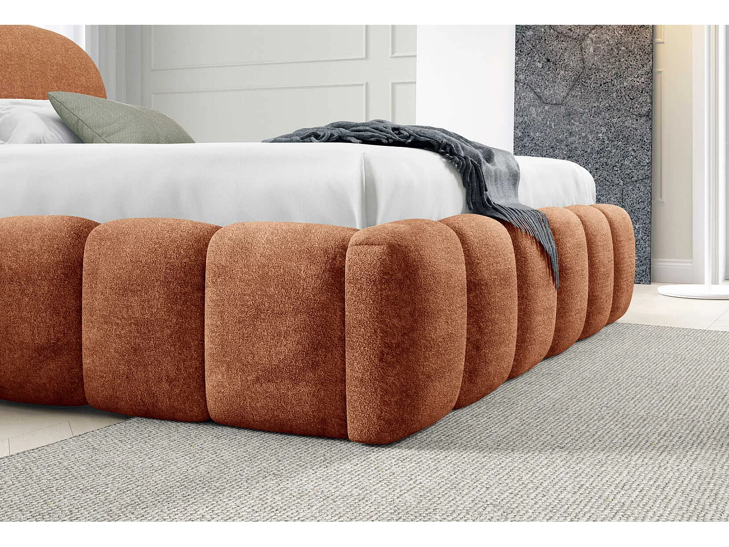 Lit double 200x200 cm Noemi avec sommier métallique, tête de lit arrondie et coffre de rangement, Orange