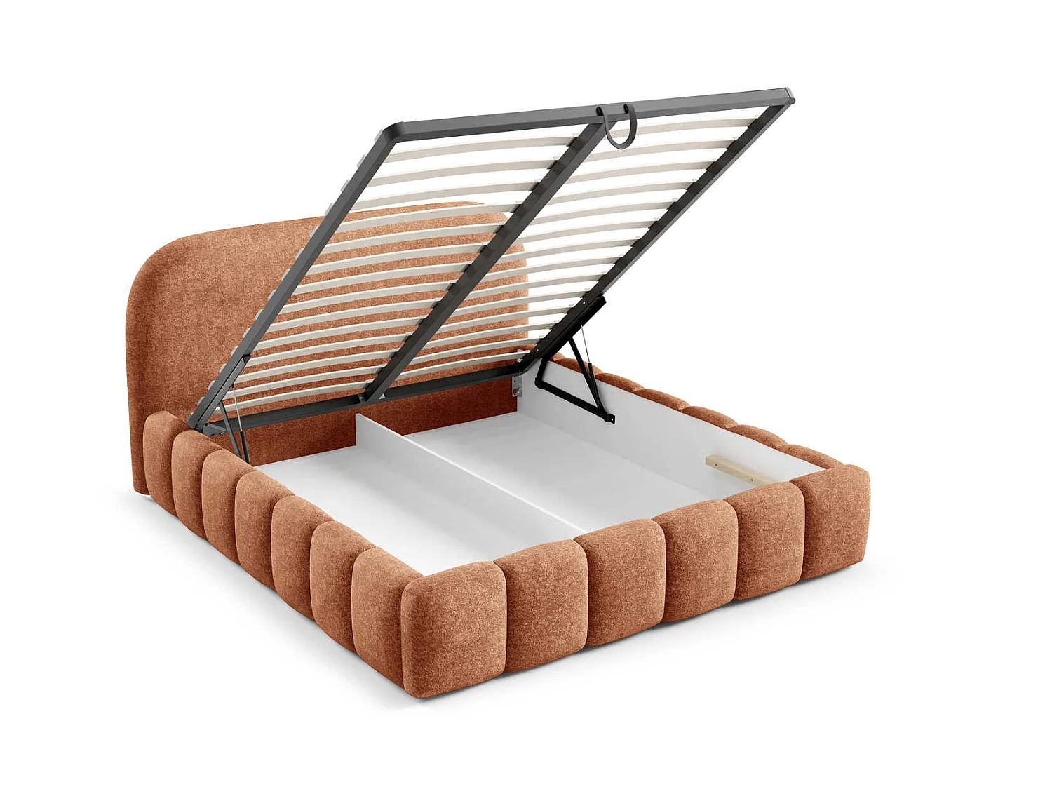 Lit double 160x200 cm Noemi avec sommier métallique, tête de lit arrondie et coffre de rangement, Orange