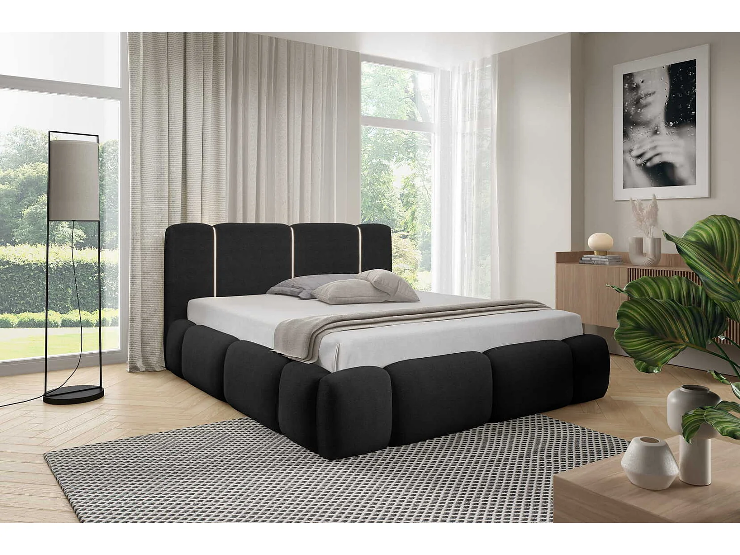 Gestoffeerd wolkenbed 140x200 cm Avelin met LED, metalen bedframe en opbergruimte, Zwart