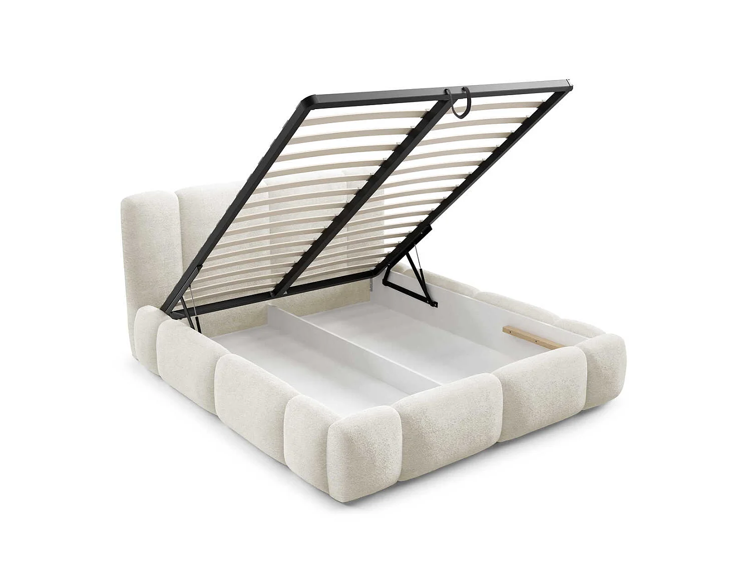 Lit nuage rembourré 200x200 cm Avelin avec LED, sommier métallique et coffre de rangement, Crème