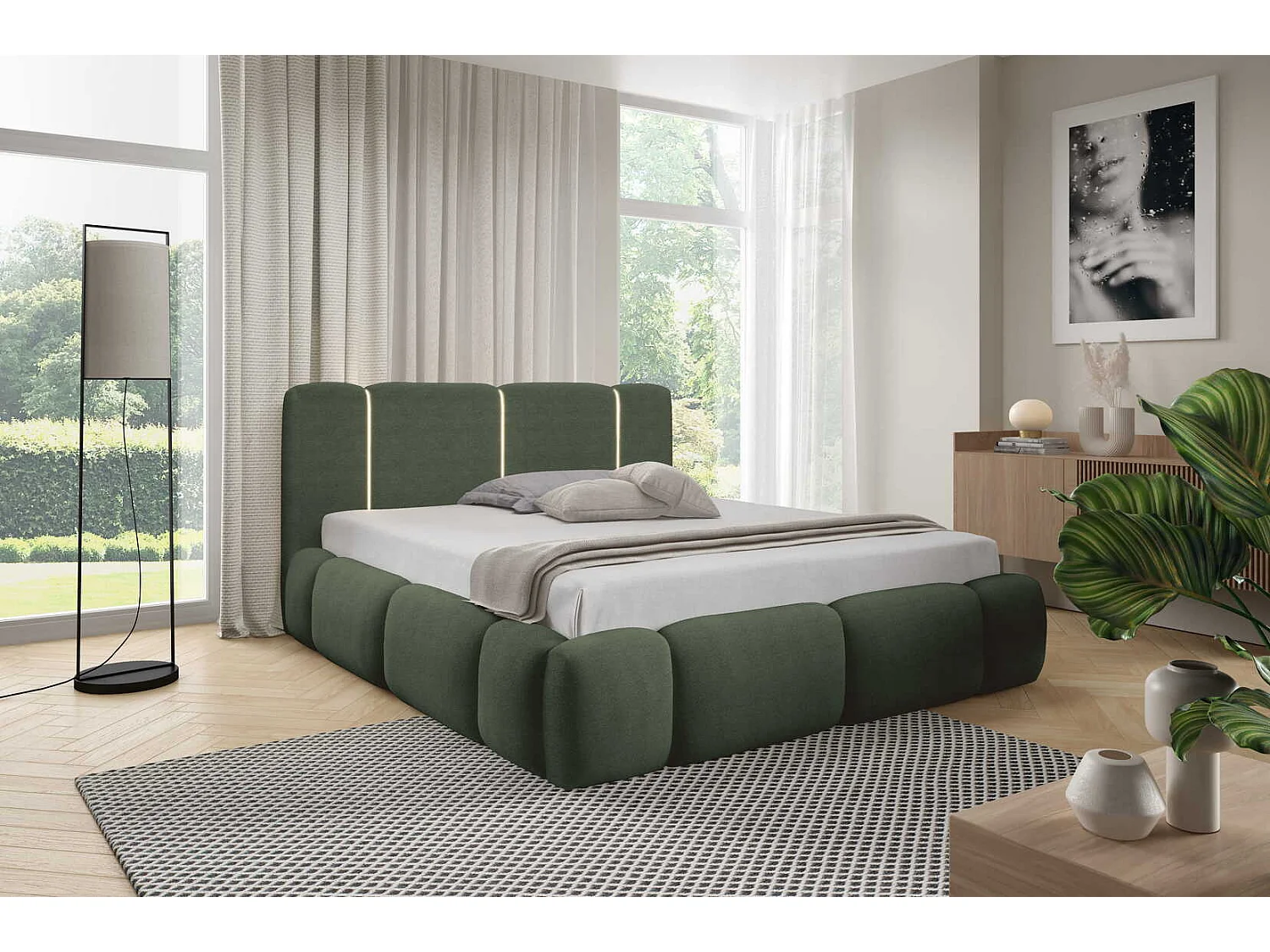 Gestoffeerd wolkenbed 200x200 cm Avelin met LED, metalen bedframe en opbergruimte, Groen