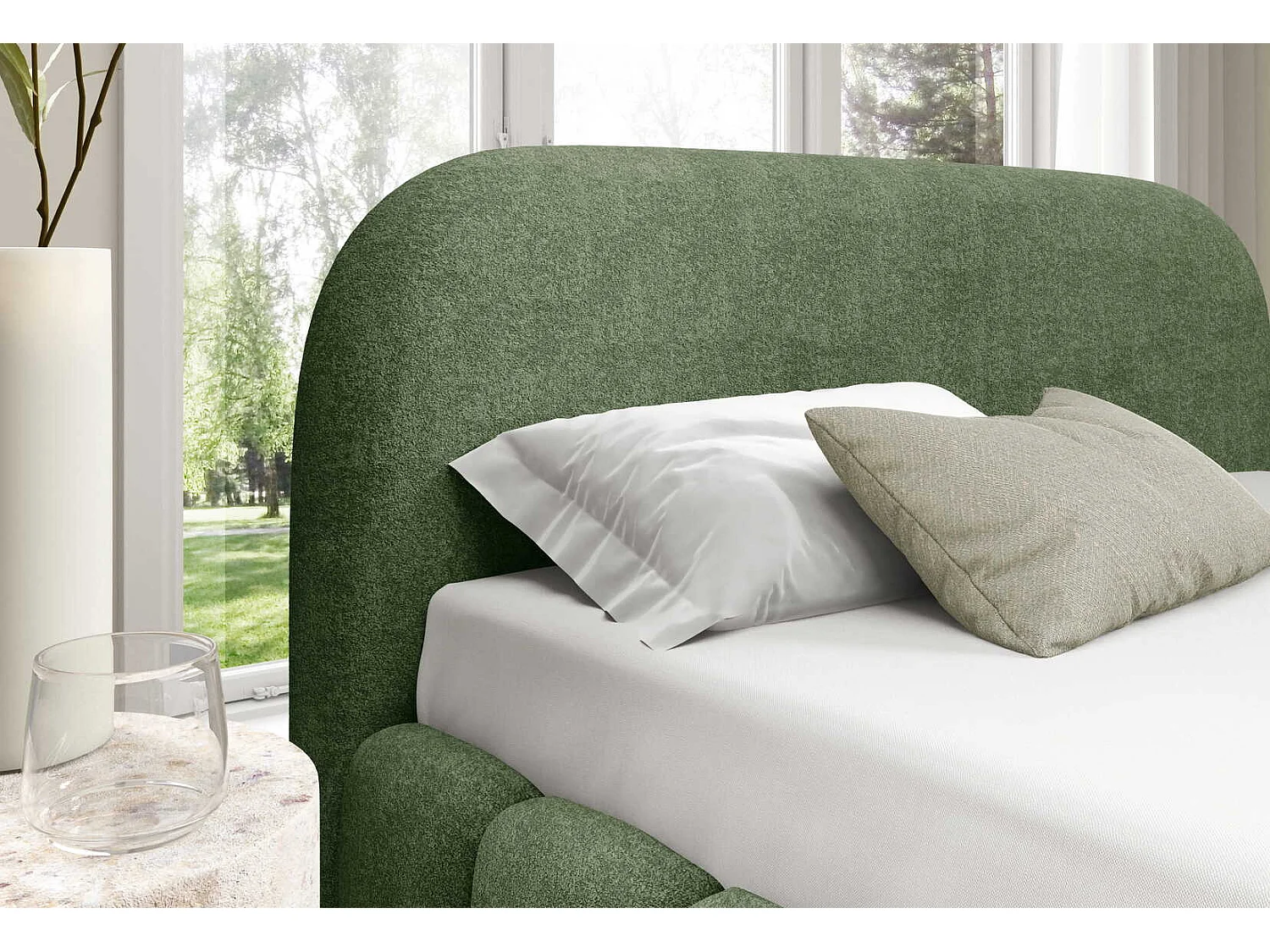 Tweepersoonsbed 140x200 cm Noemi met metalen bedframe, afgerond hoofdbord en opbergruimte, Groen