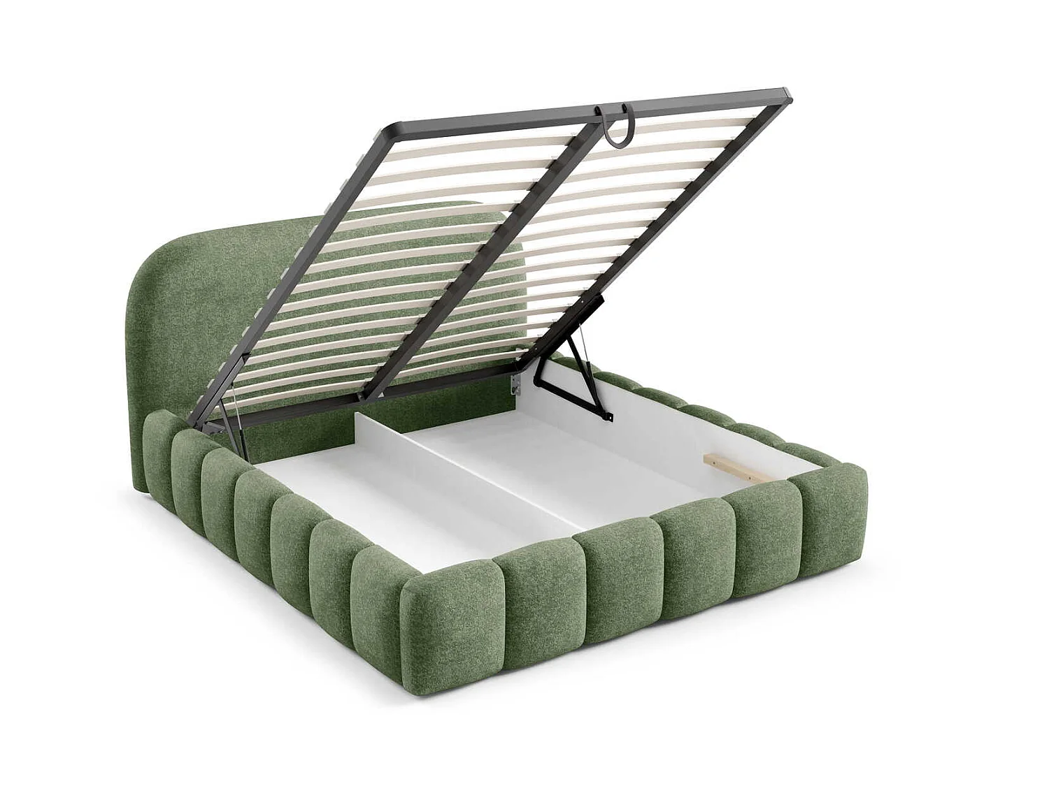 Tweepersoonsbed 140x200 cm Noemi met metalen bedframe, afgerond hoofdbord en opbergruimte, Groen