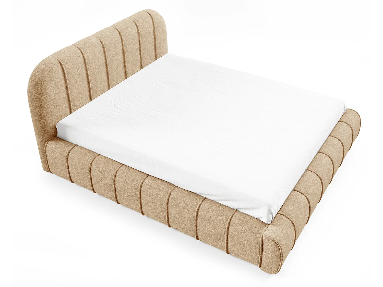 Lit moderne 200x200 cm Lunea avec tête de lit arrondie, mousse épaisse et sommier métallique, Beige