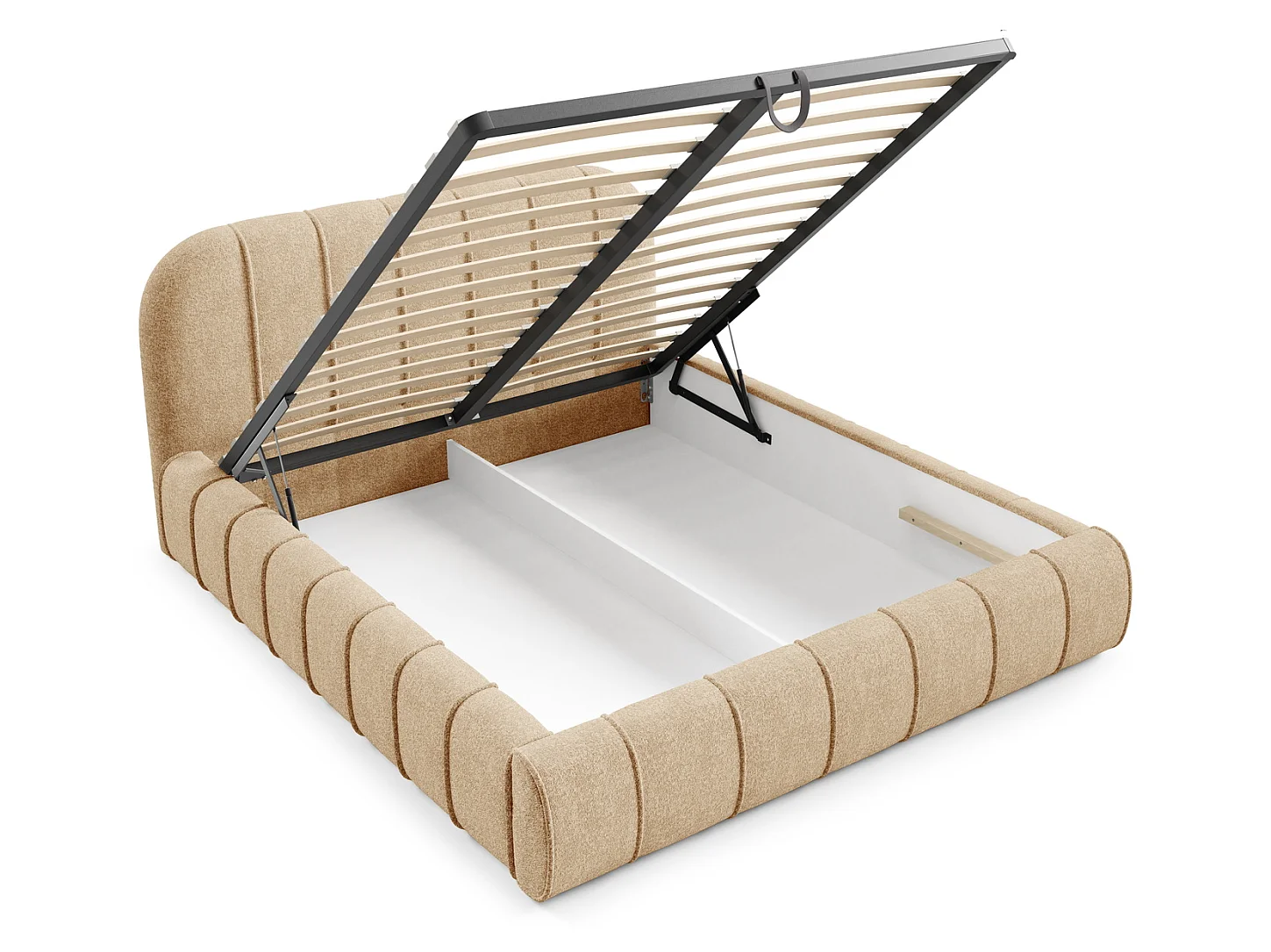 Lit moderne 200x200 cm Lunea avec tête de lit arrondie, mousse épaisse et sommier métallique, Beige