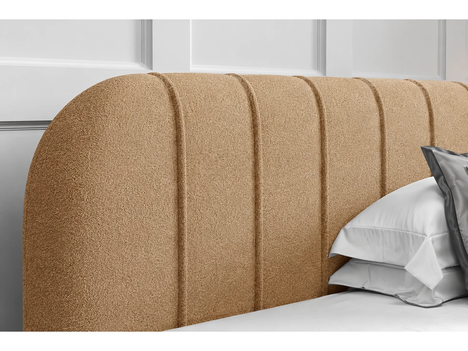 Lit moderne 200x200 cm Lunea avec tête de lit arrondie, mousse épaisse et sommier métallique, Beige