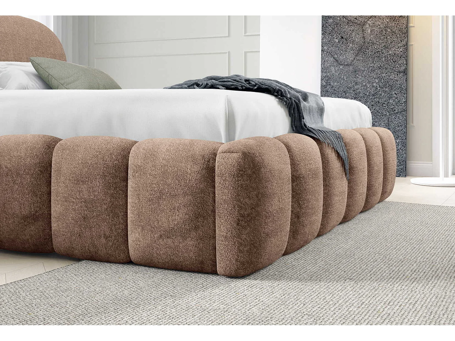 Lit double 200x200 cm Noemi avec sommier métallique, tête de lit arrondie et coffre de rangement, Marron