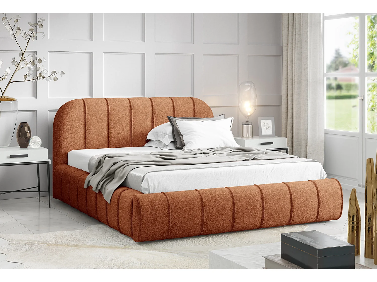 Modern bed 180x200 cm Lunea met afgerond hoofdbord, dik schuim en metalen bedframe, Oranje