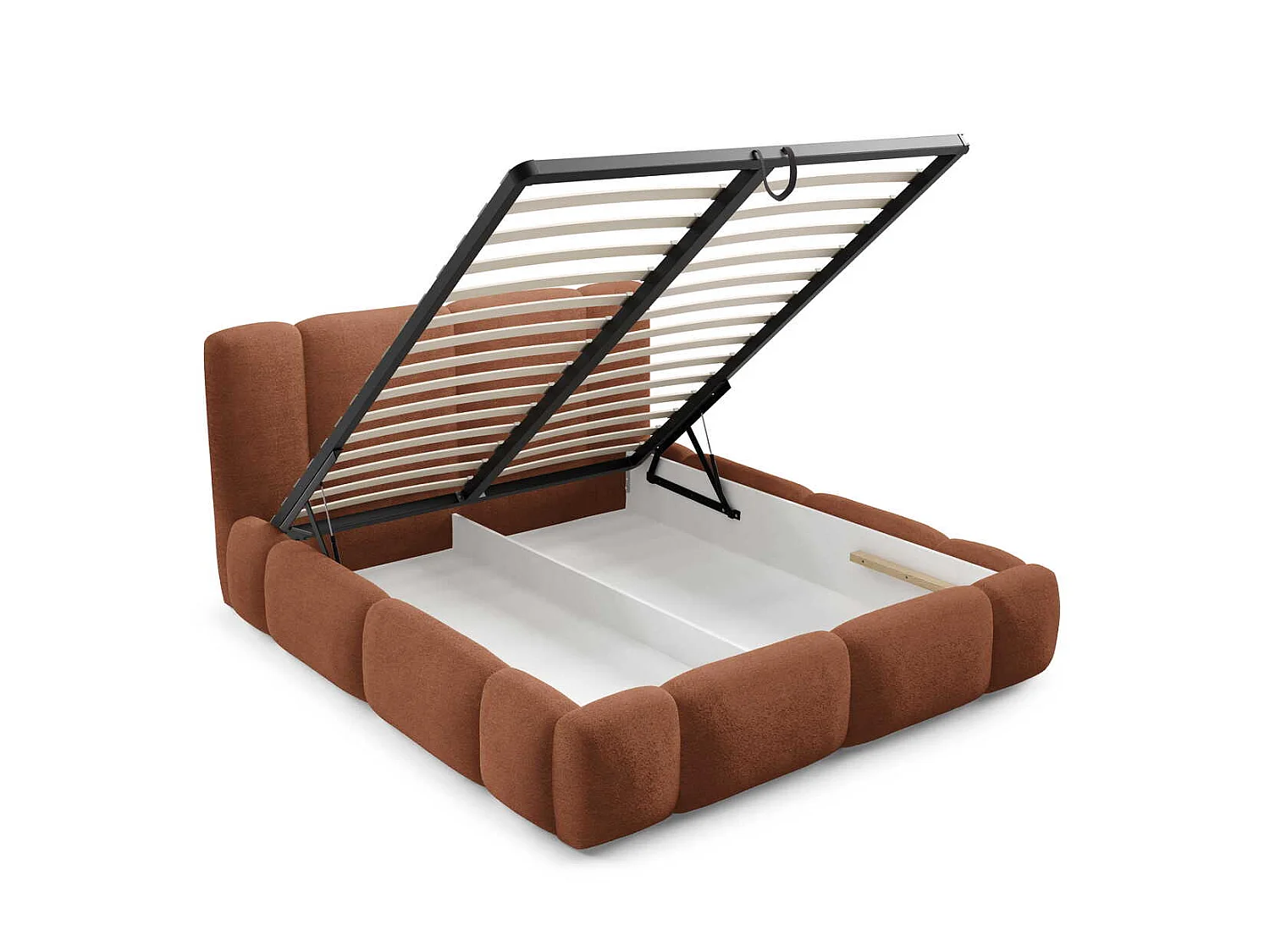Gestoffeerd wolkenbed 140x200 cm Avelin met LED, metalen bedframe en opbergruimte, Oranje