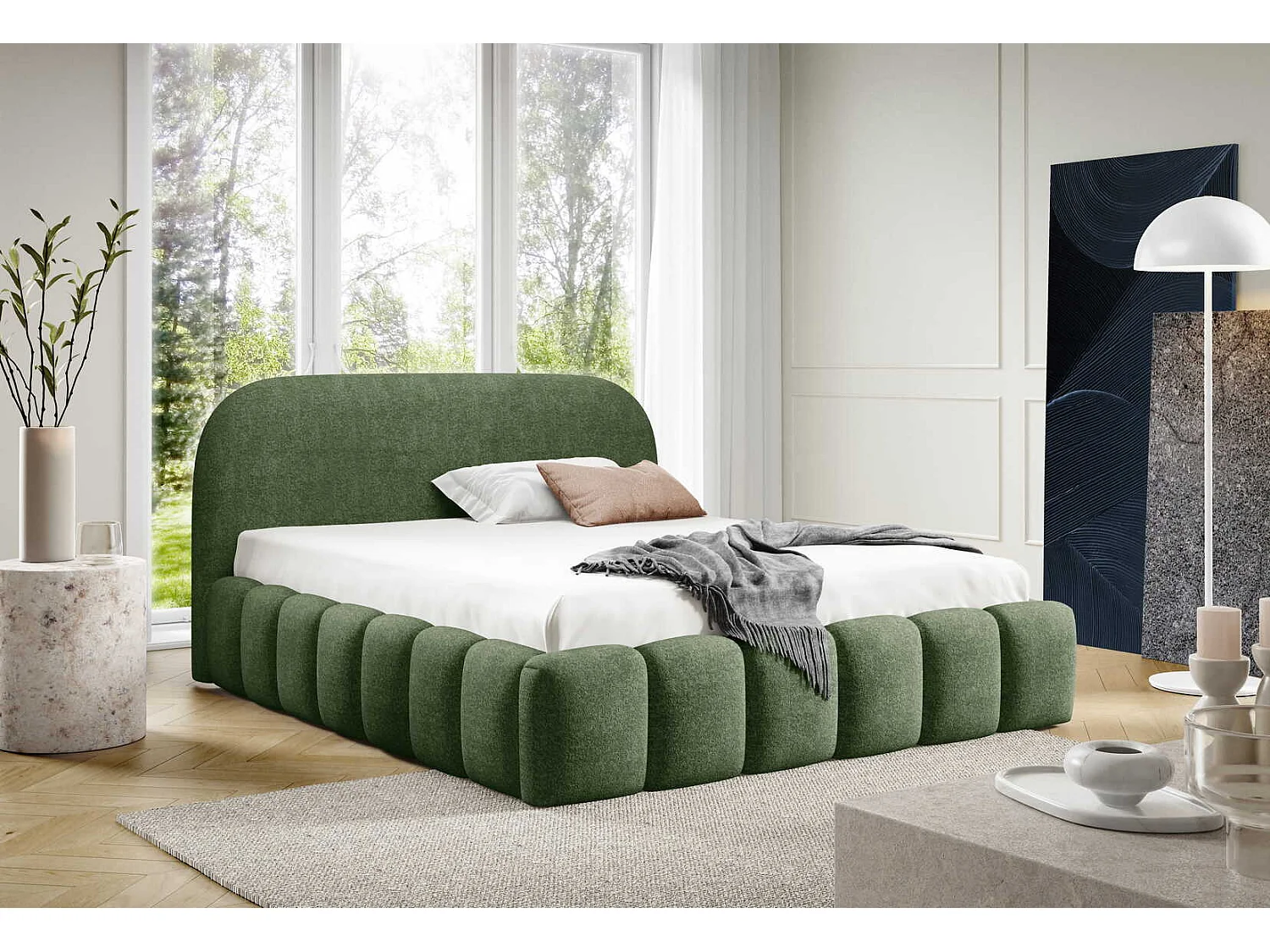 Tweepersoonsbed 200x200 cm Noemi met metalen bedframe, afgerond hoofdbord en opbergruimte, Groen